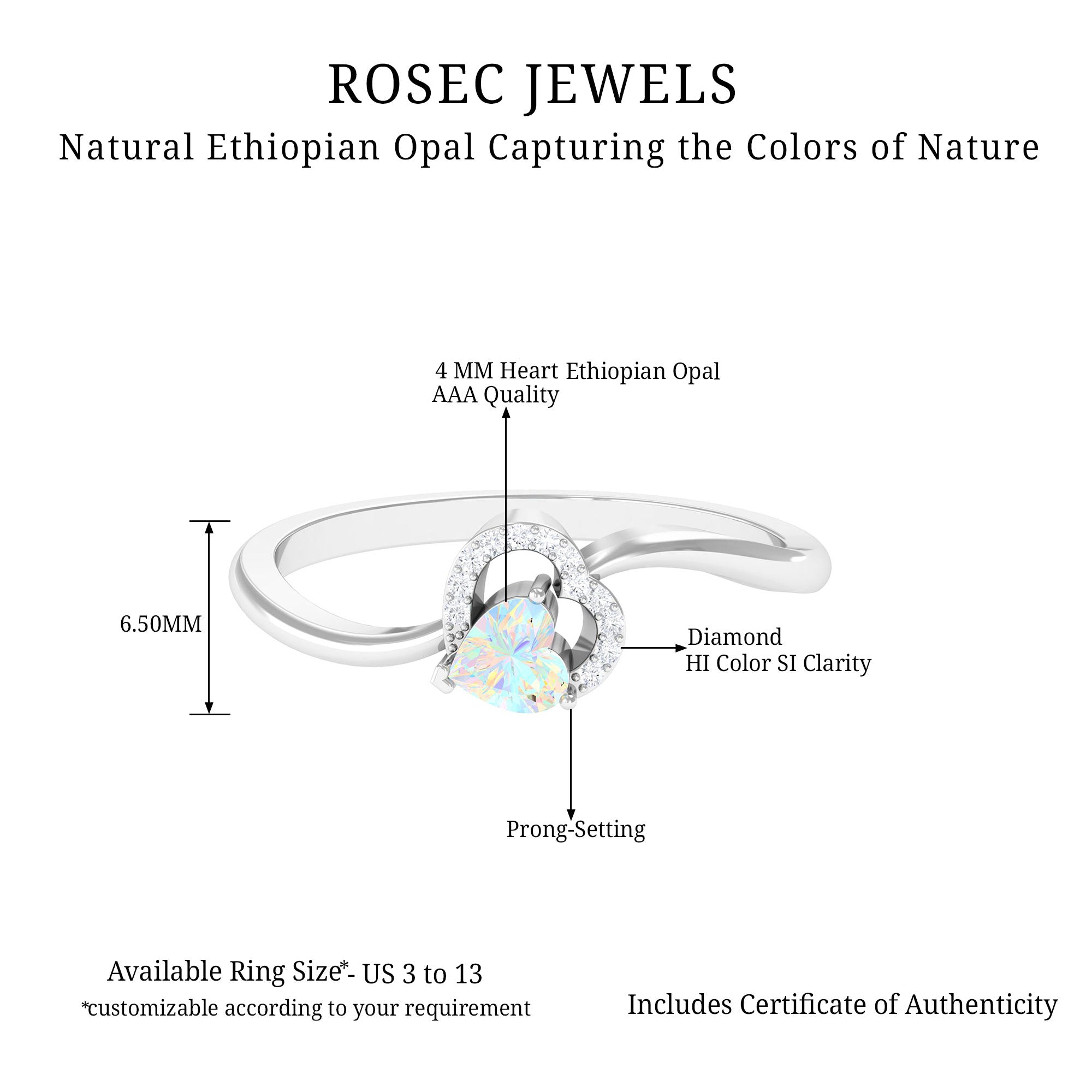 1/4 CT Ethiopian Opal Heart Promise Ring with Diamond Ethiopian Opal - ( AAA ) - Quality - Rosec Jewels