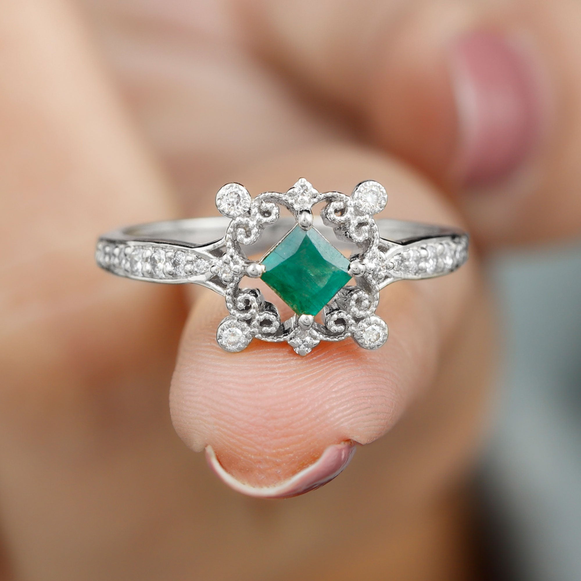 Antique Style Emerald and Diamond Engagement Ring with Beaded Detailing Emerald - ( AAA ) - Quality - Rosec Jewels