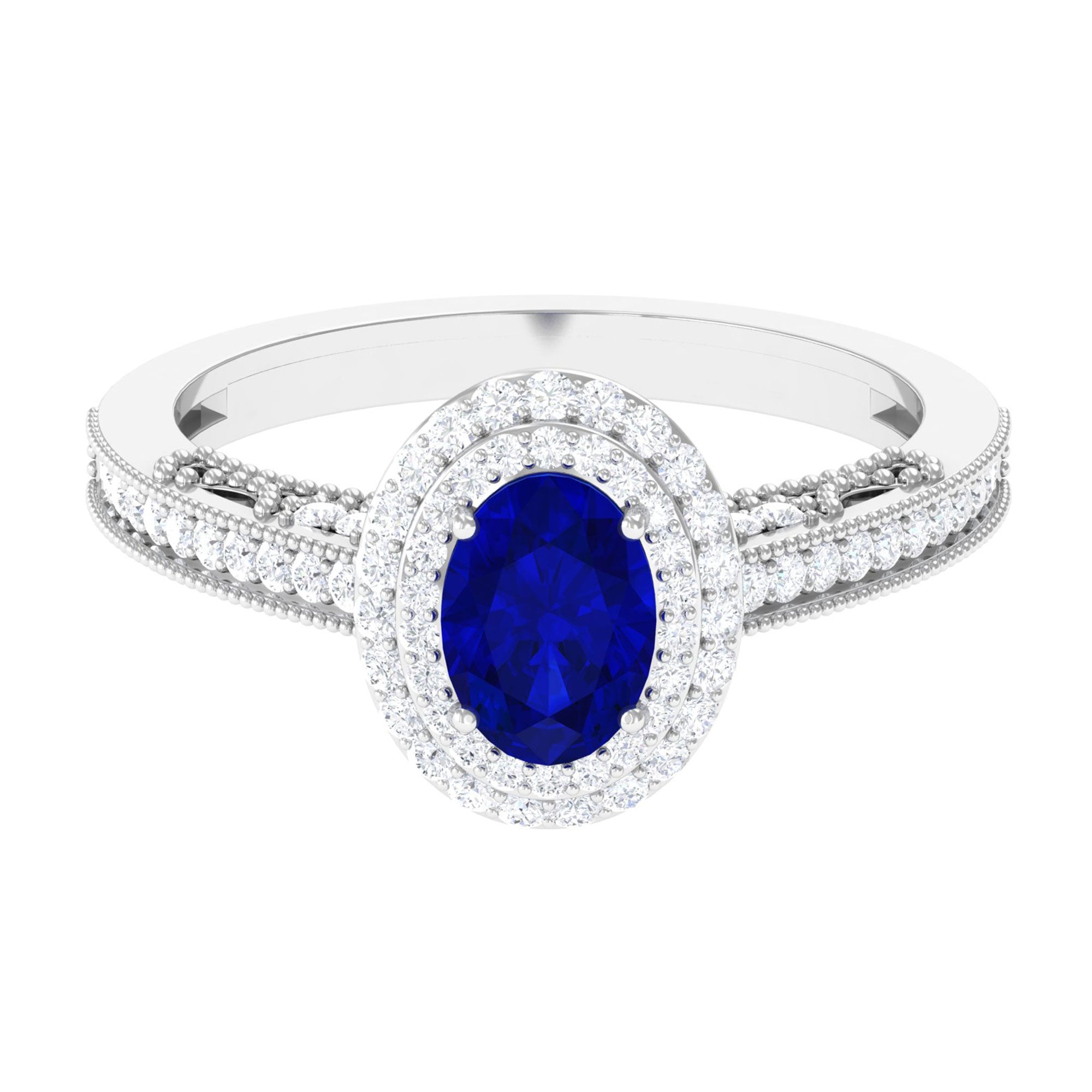 Oval Created Blue Sapphire Double Halo Engagement Ring with Diamond Lab Created Blue Sapphire - ( AAAA ) - Quality - Rosec Jewels