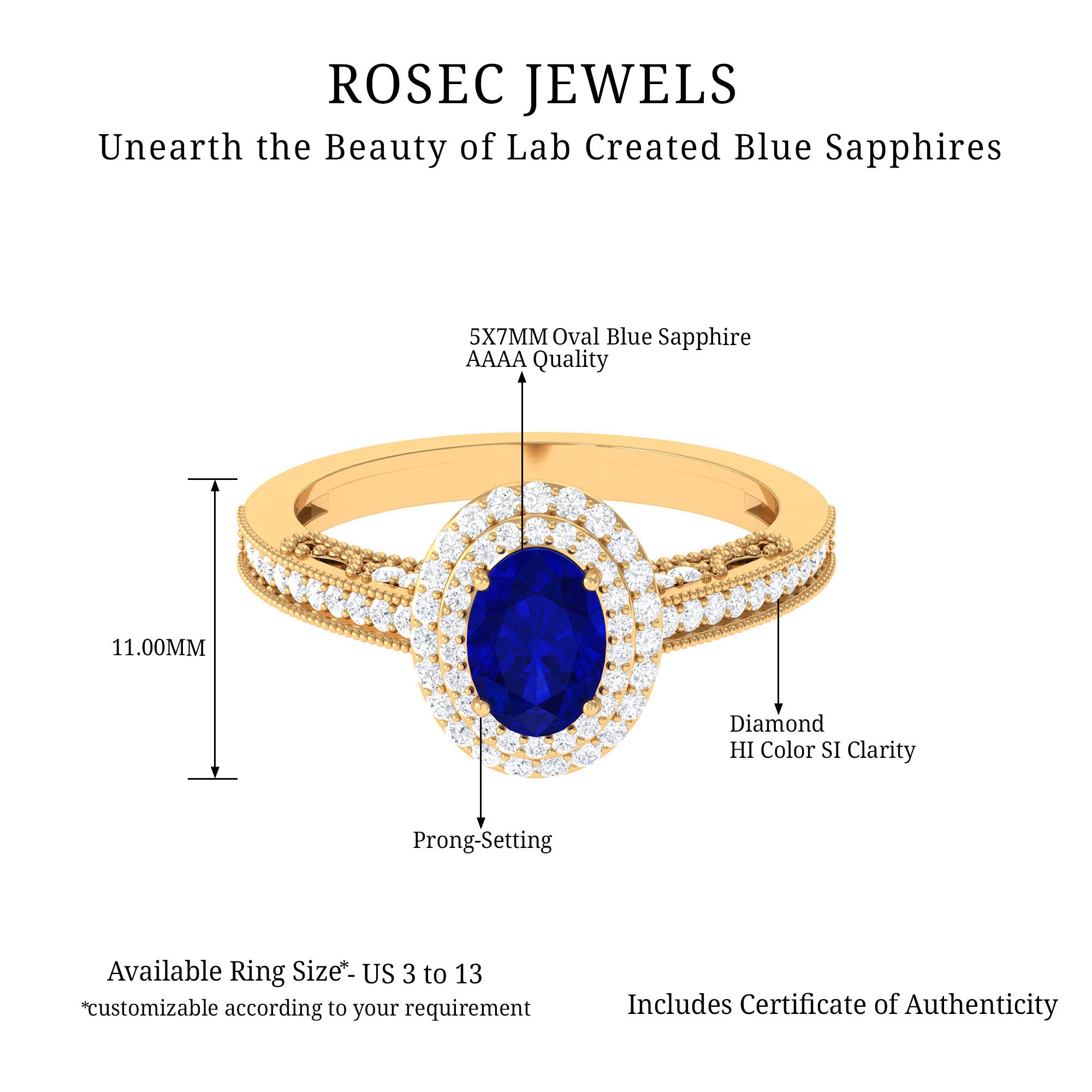 Oval Created Blue Sapphire Double Halo Engagement Ring with Diamond Lab Created Blue Sapphire - ( AAAA ) - Quality - Rosec Jewels