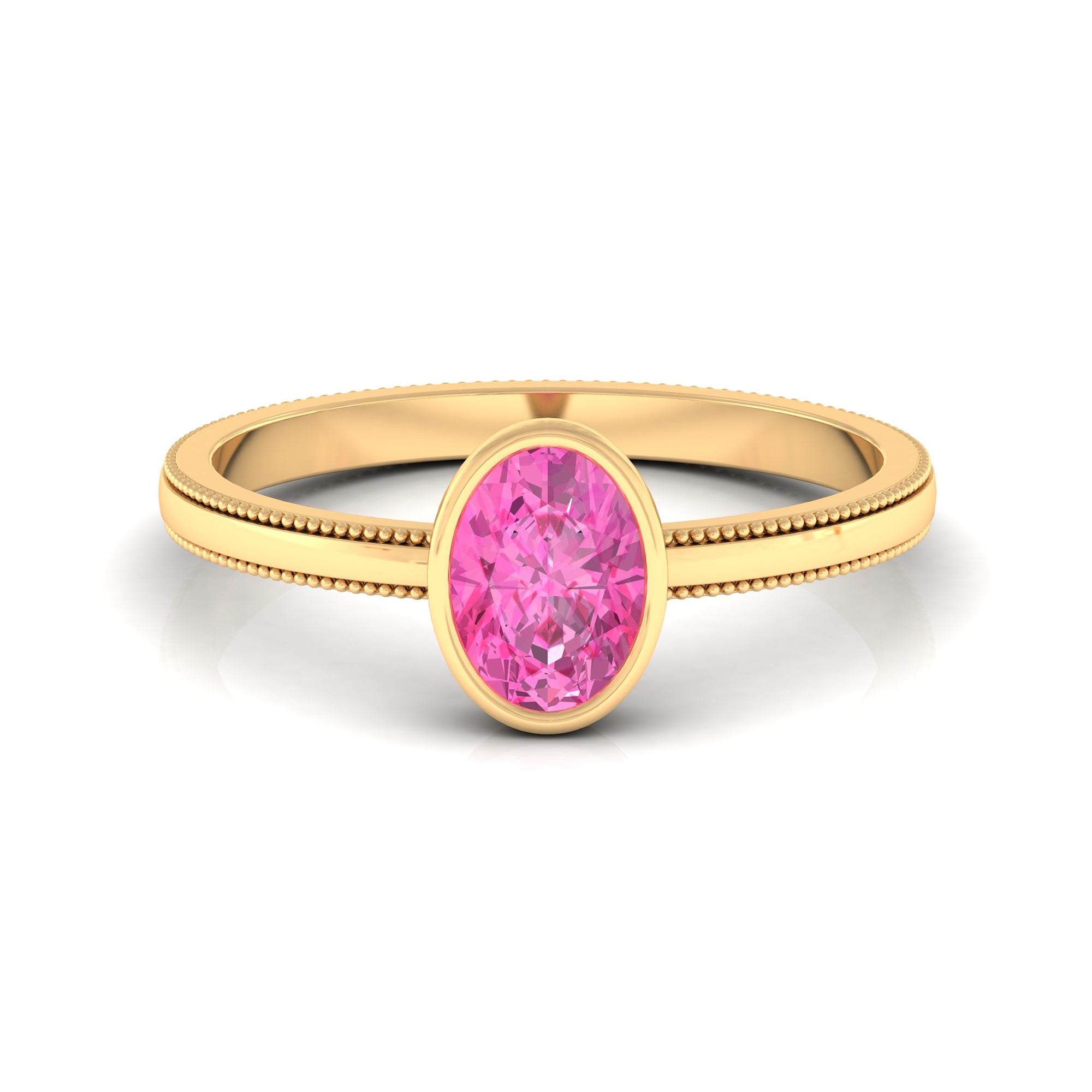 Oval Shape Pink Sapphire Solitaire Ring with Beaded Details Pink Sapphire - ( AAA ) - Quality - Rosec Jewels