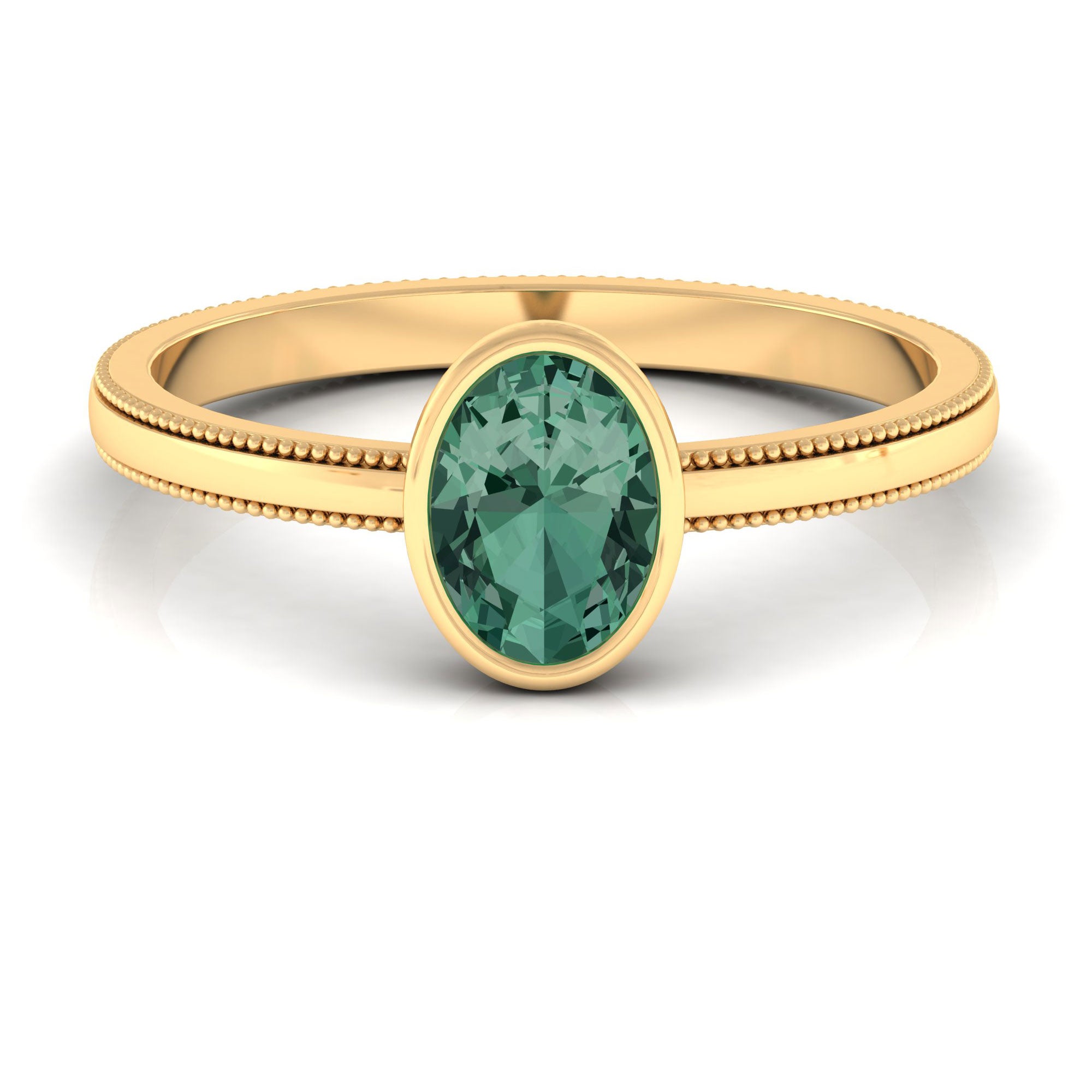 Bezel Set Oval Green Sapphire Solitaire Ring with Beaded Detailing Green Sapphire - ( AAA ) - Quality - Rosec Jewels