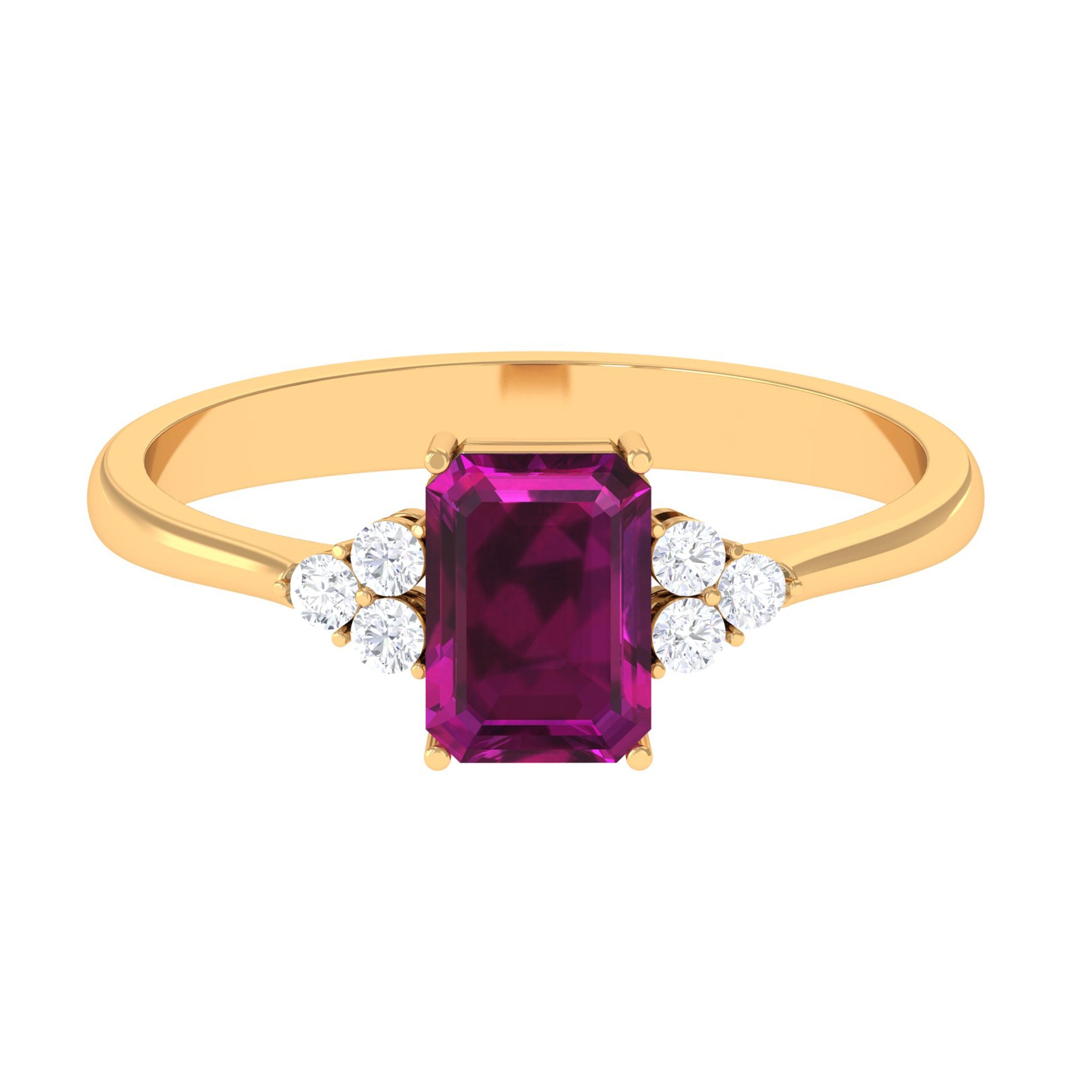 Emerald Cut Rhodolite Solitaire Engagement Ring with Diamond Trio Rhodolite - ( AAA ) - Quality - Rosec Jewels