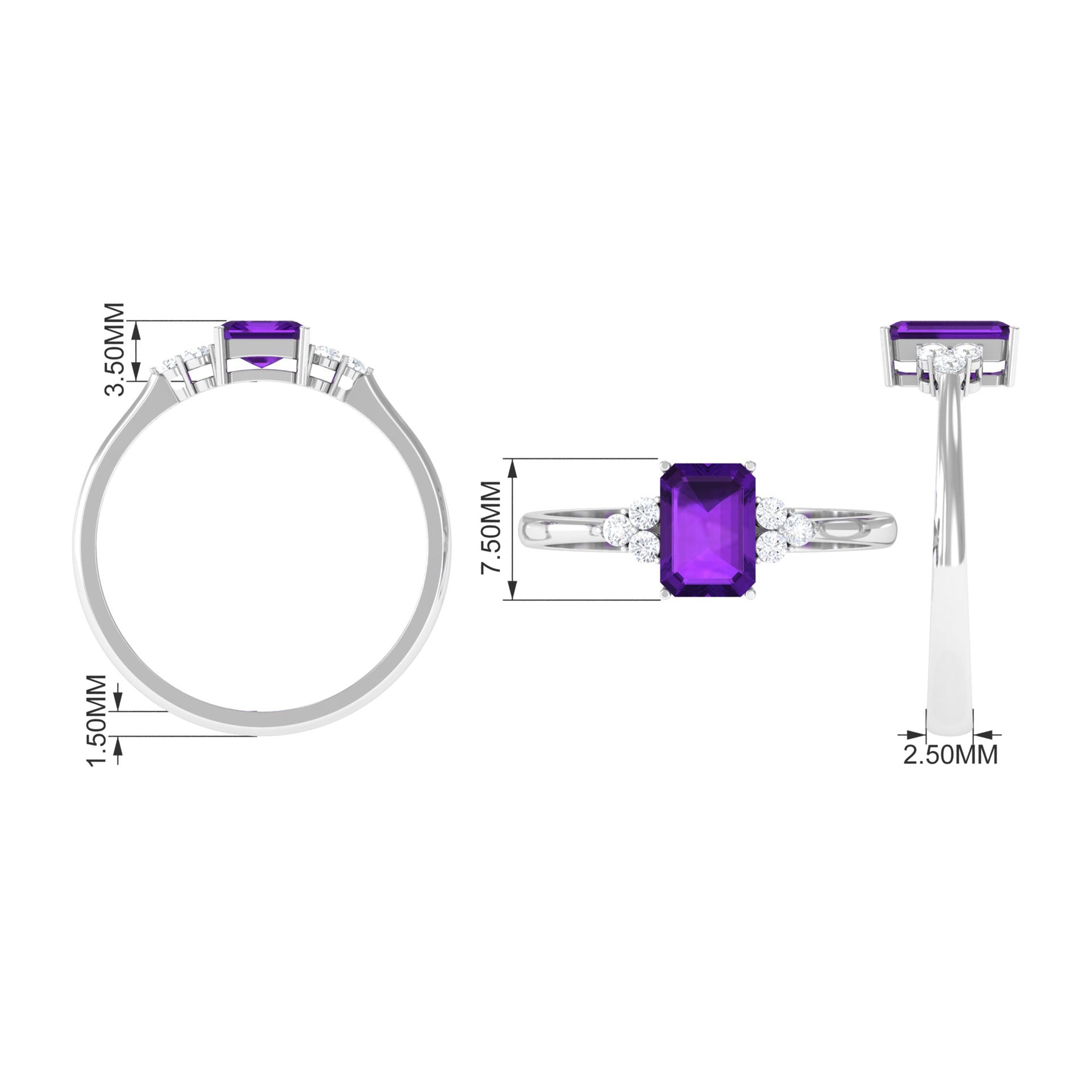 1.5 CT Octagon Cut Amethyst Engagement Ring with Diamond Trio Amethyst - ( AAA ) - Quality - Rosec Jewels