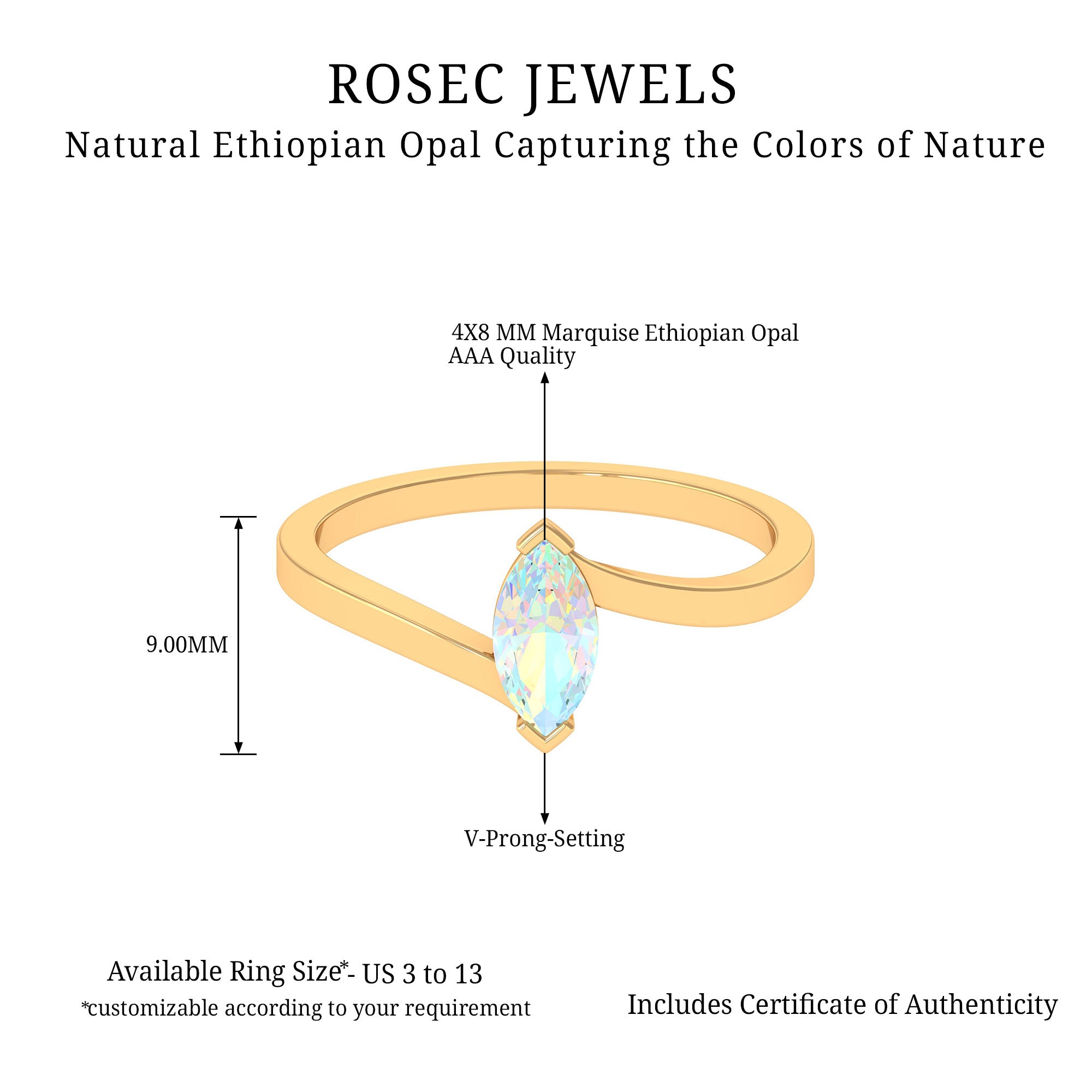 Marquise Cut Ethiopian Opal Solitaire Bypass Ring in Gold Ethiopian Opal - ( AAA ) - Quality - Rosec Jewels