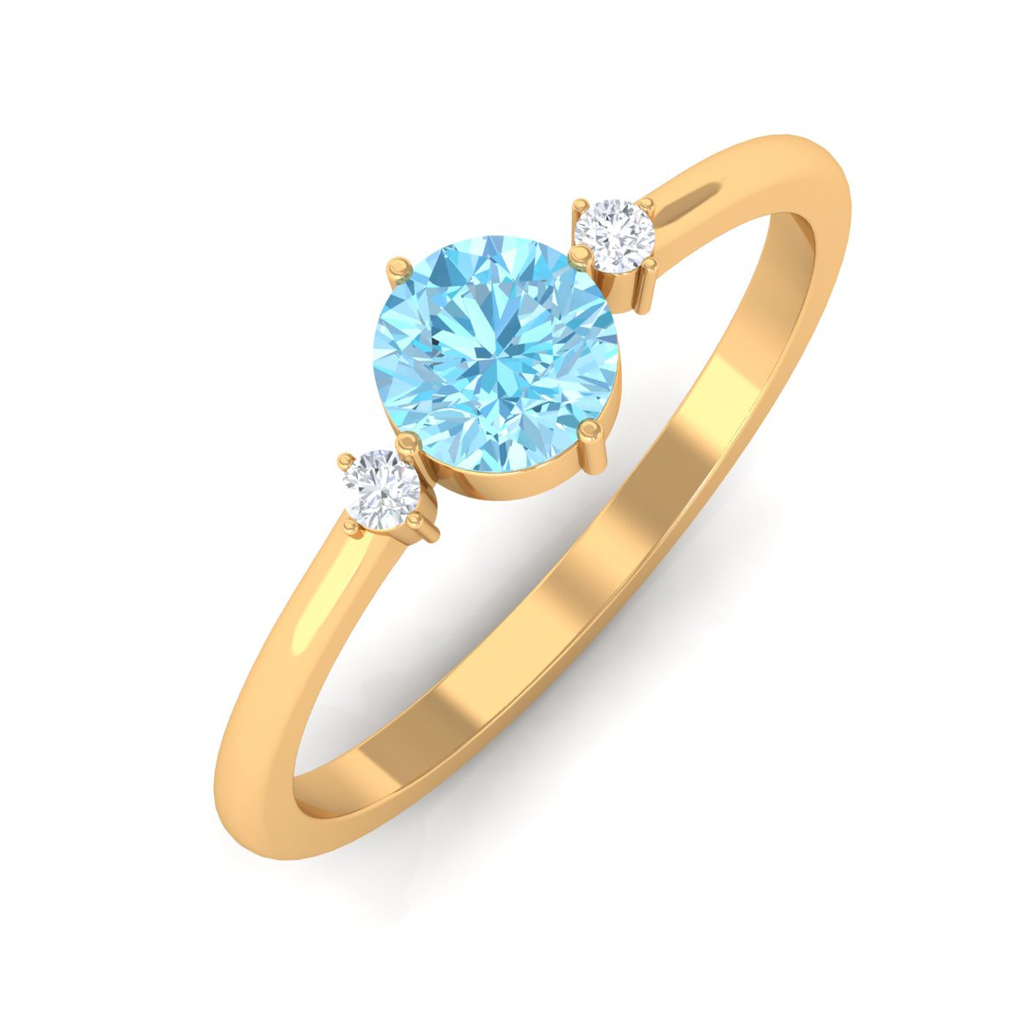 Round Aquamarine Solitaire Promise Ring with Diamond Aquamarine - ( AAA ) - Quality - Rosec Jewels