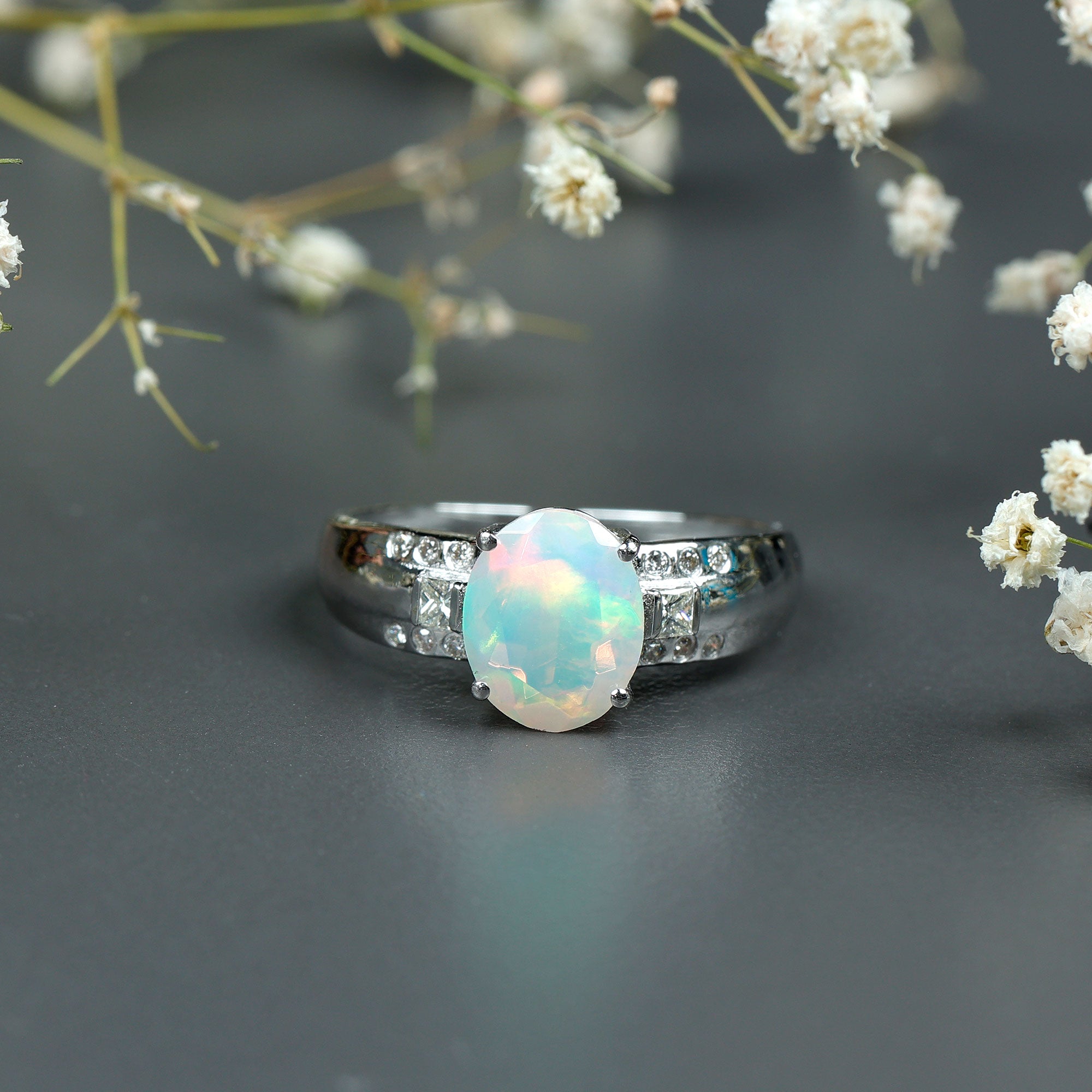 Oval Ethiopian Opal Solitaire Engagement Ring with Diamond Ethiopian Opal - ( AAA ) - Quality - Rosec Jewels