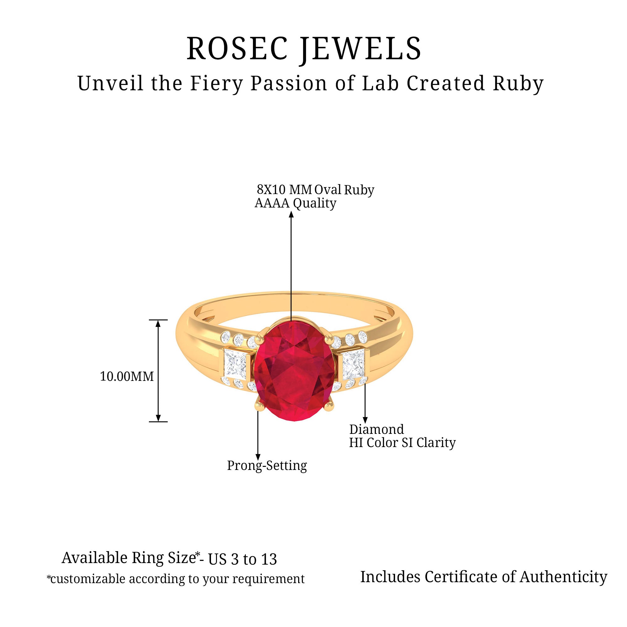 Oval Lab Grown Ruby Solitaire Statement Engagement Ring with Diamond Lab Created Ruby - ( AAAA ) - Quality - Rosec Jewels