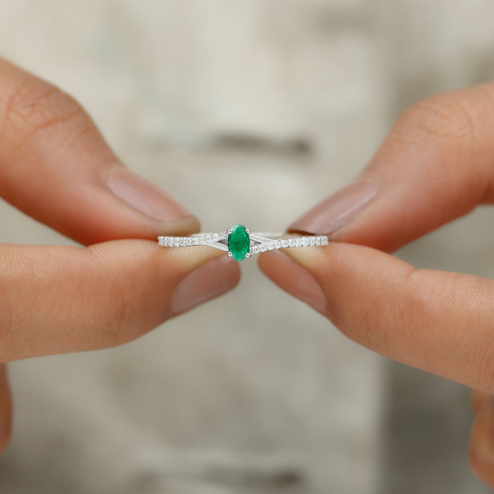 Oval Lab Grown Emerald Promise Ring with Diamond Split Shank Lab Created Emerald - ( AAAA ) - Quality - Rosec Jewels