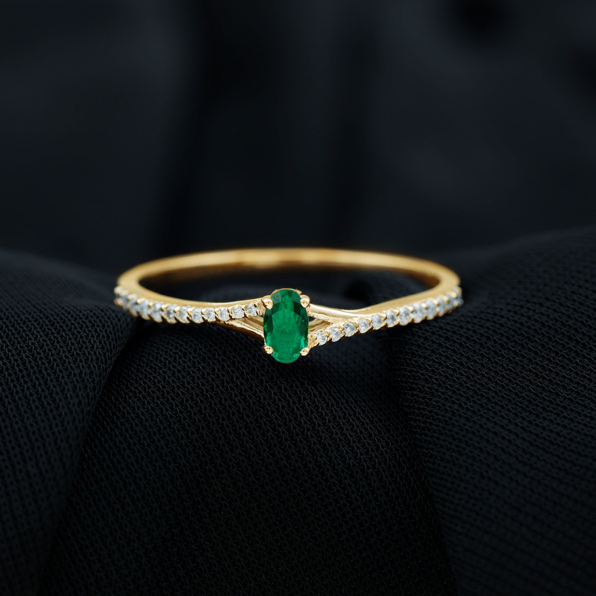 Oval Lab Grown Emerald Promise Ring with Diamond Split Shank Lab Created Emerald - ( AAAA ) - Quality - Rosec Jewels