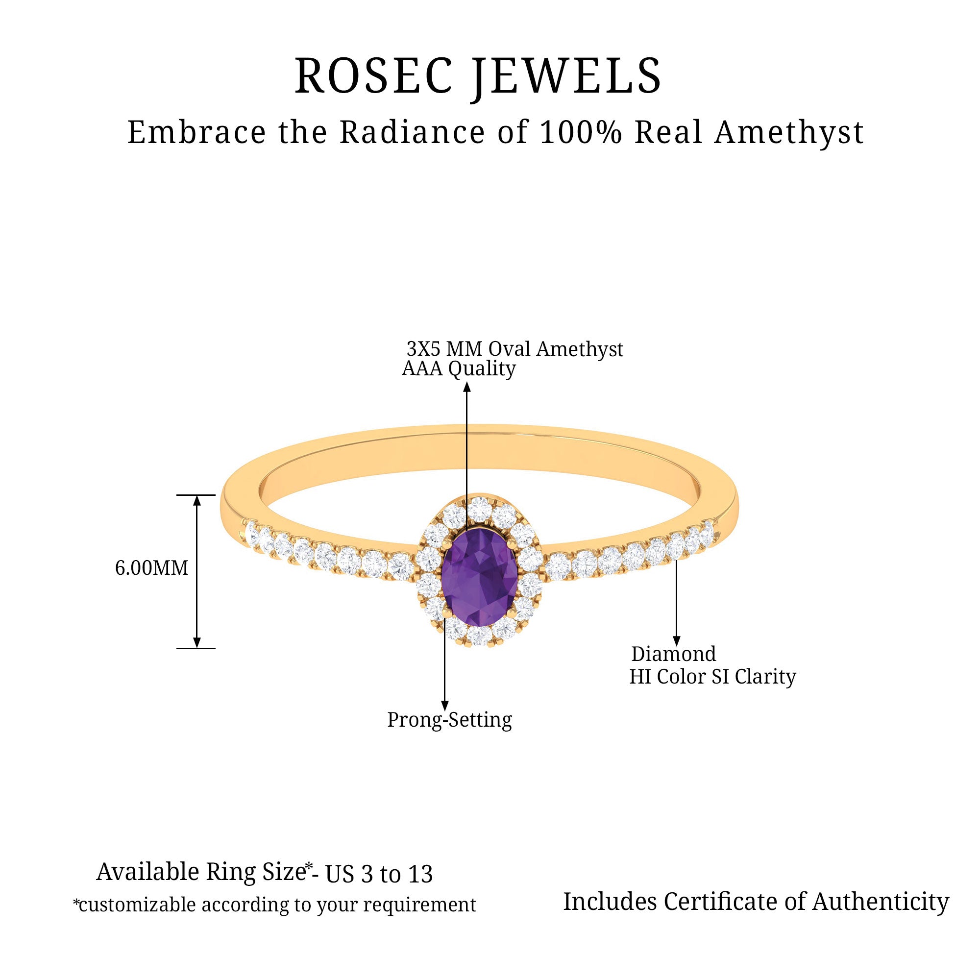 1/2 CT Oval Cut Amethyst Classic Engagement Ring with Diamond Halo Amethyst - ( AAA ) - Quality - Rosec Jewels