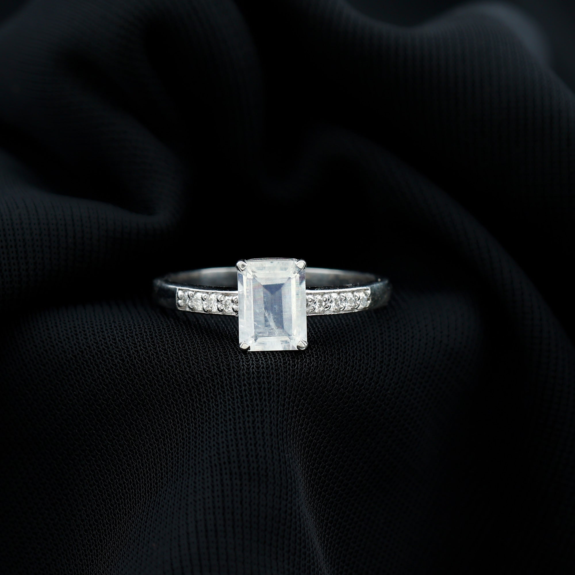 Emerald Cut Moonstone Solitaire Engagement Ring with Diamond Side Stones Moonstone - ( AAA ) - Quality - Rosec Jewels