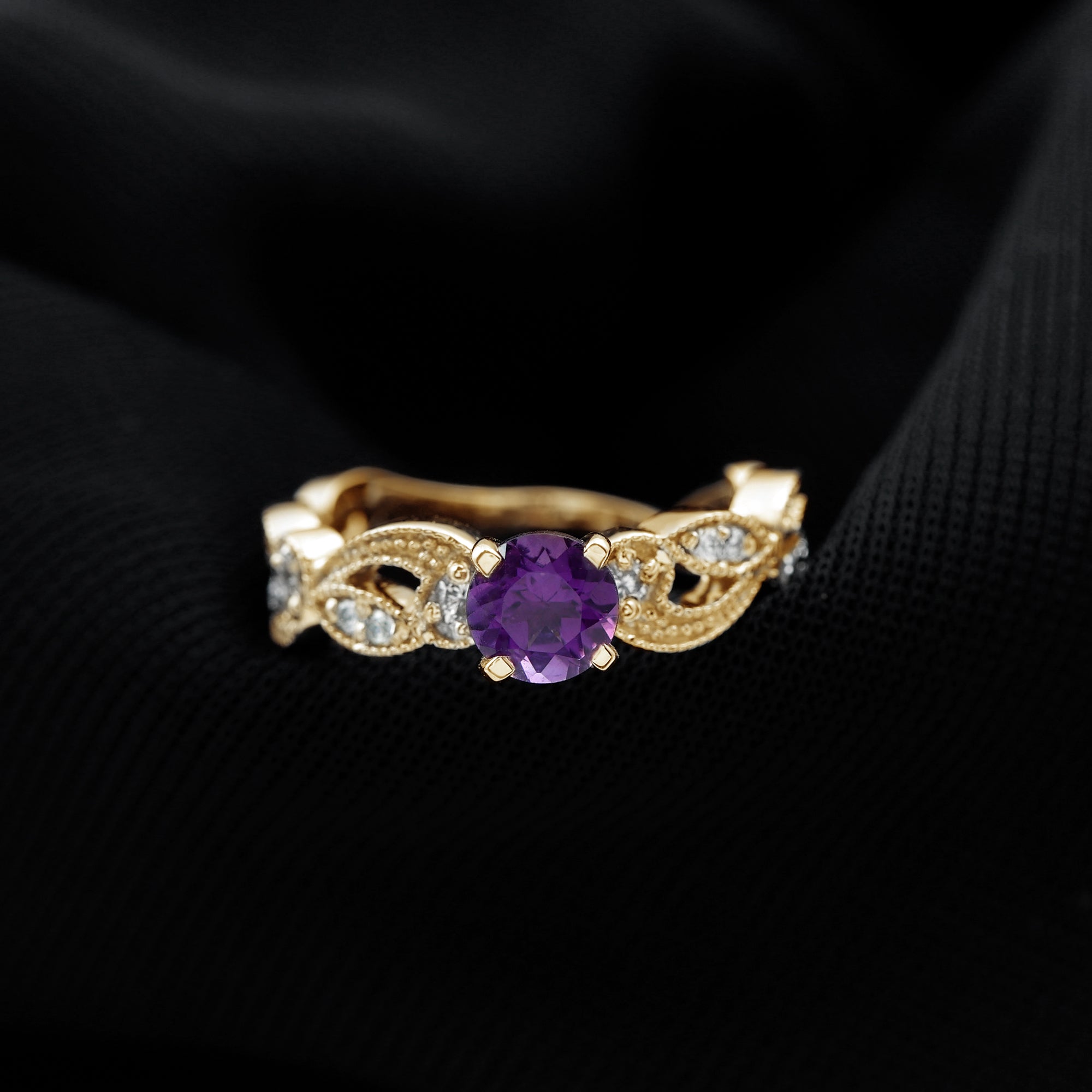 Antique Style Amethyst and Diamond Engagement Ring with Beaded Detailing Amethyst - ( AAA ) - Quality - Rosec Jewels