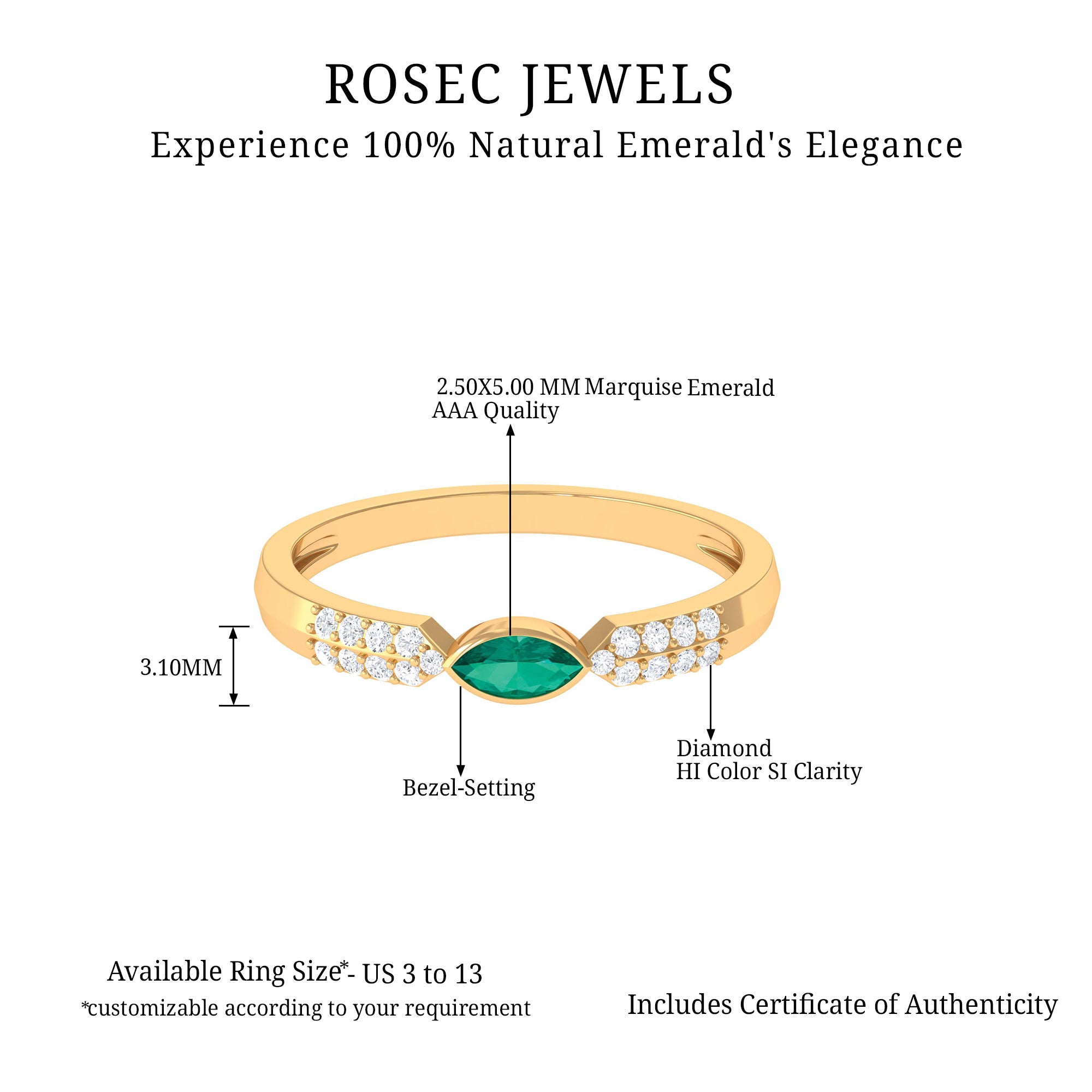 Marquise Cut Real Emerald East West Promise Ring with Diamond Emerald - ( AAA ) - Quality - Rosec Jewels