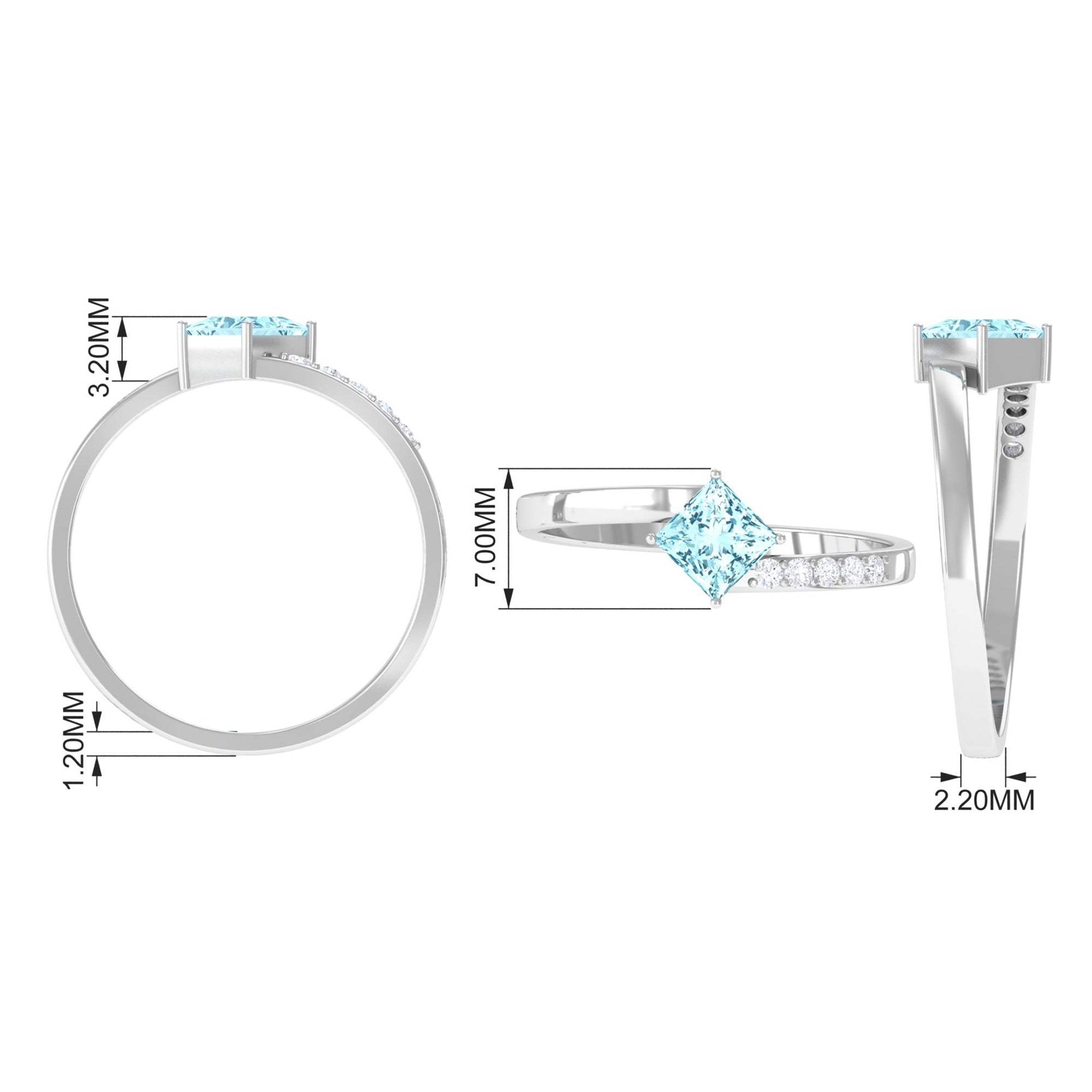 Princess Cut Aquamarine Bypass Solitaire Ring with Diamond Aquamarine - ( AAA ) - Quality - Rosec Jewels