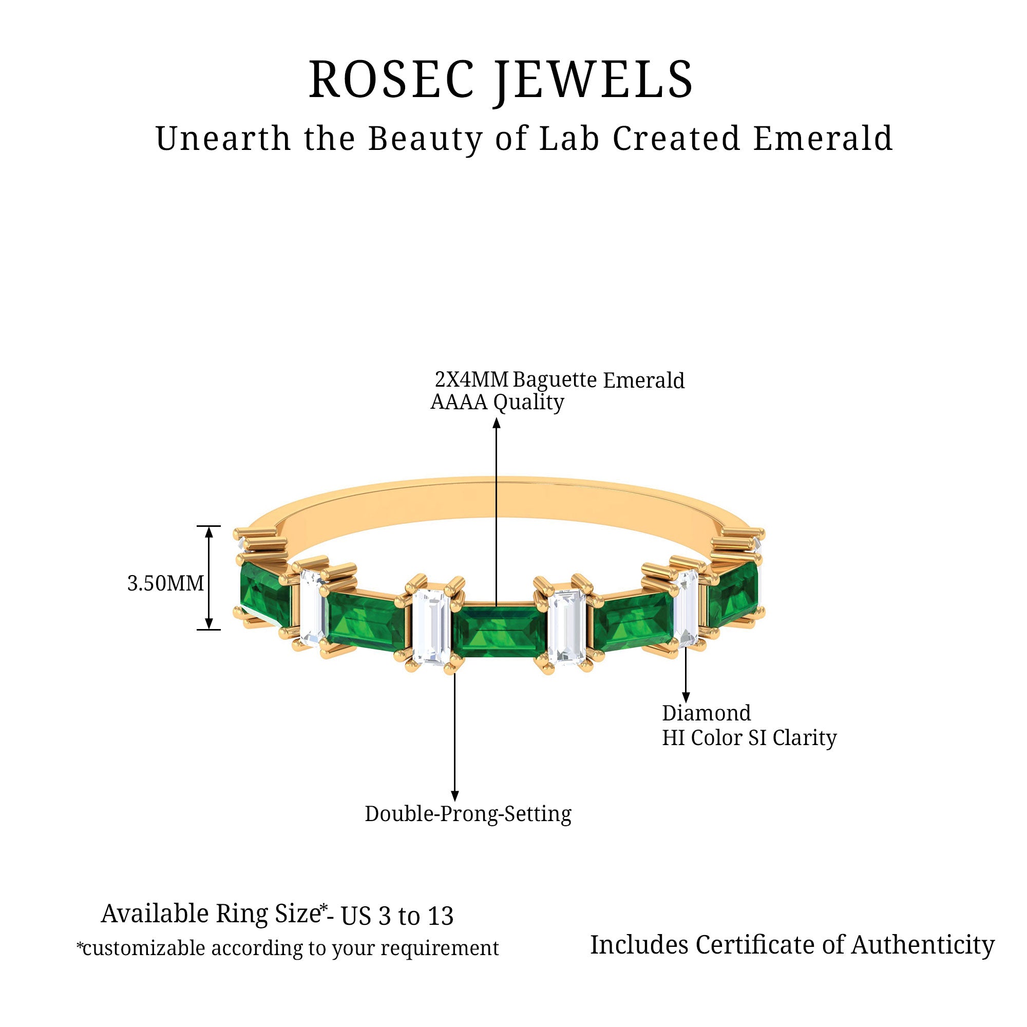 Baguette Cut Created Emerald and Diamond Half Eternity Ring Lab Created Emerald - ( AAAA ) - Quality - Rosec Jewels