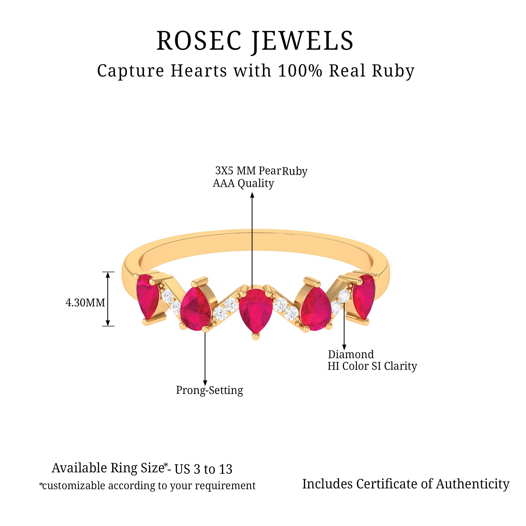 Pear Cut Natural Ruby and Diamond Half Eternity Ring Ruby - ( AAA ) - Quality - Rosec Jewels