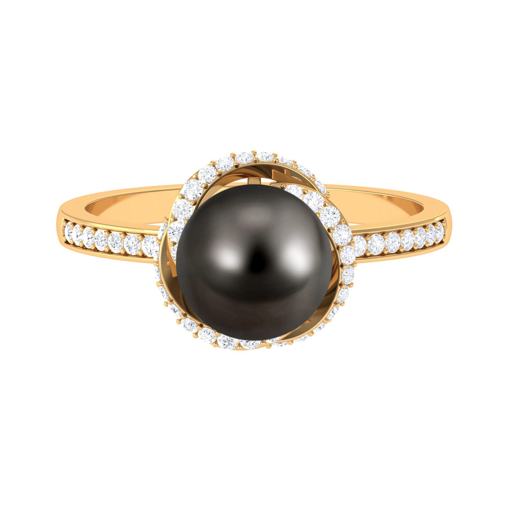 Simple Tahitian Pearl Solitaire Ring with Diamond Swirl Tahitian pearl - ( AAA ) - Quality - Rosec Jewels