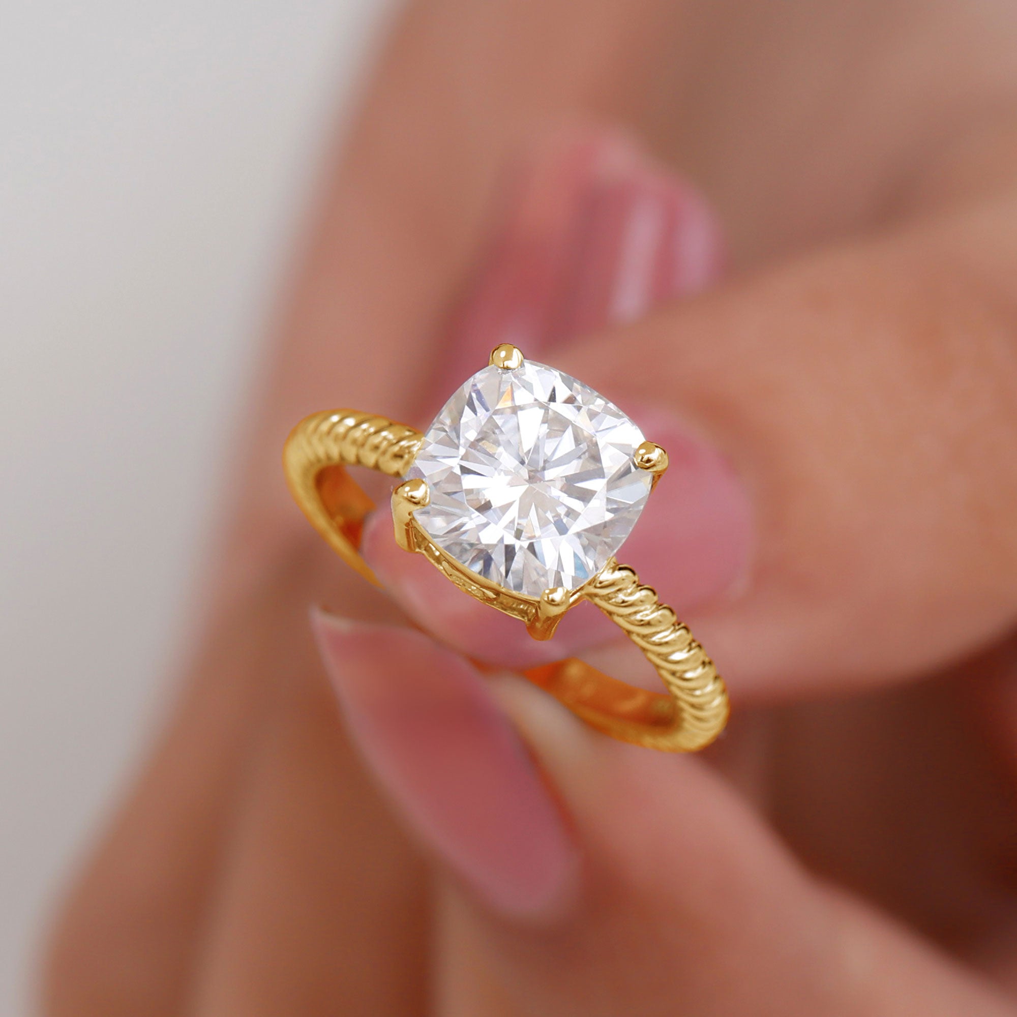 Cushion Cut Moissanite Solitaire Ring with Gold Twisted Rope Moissanite - ( D-VS1 ) - Color and Clarity - Rosec Jewels