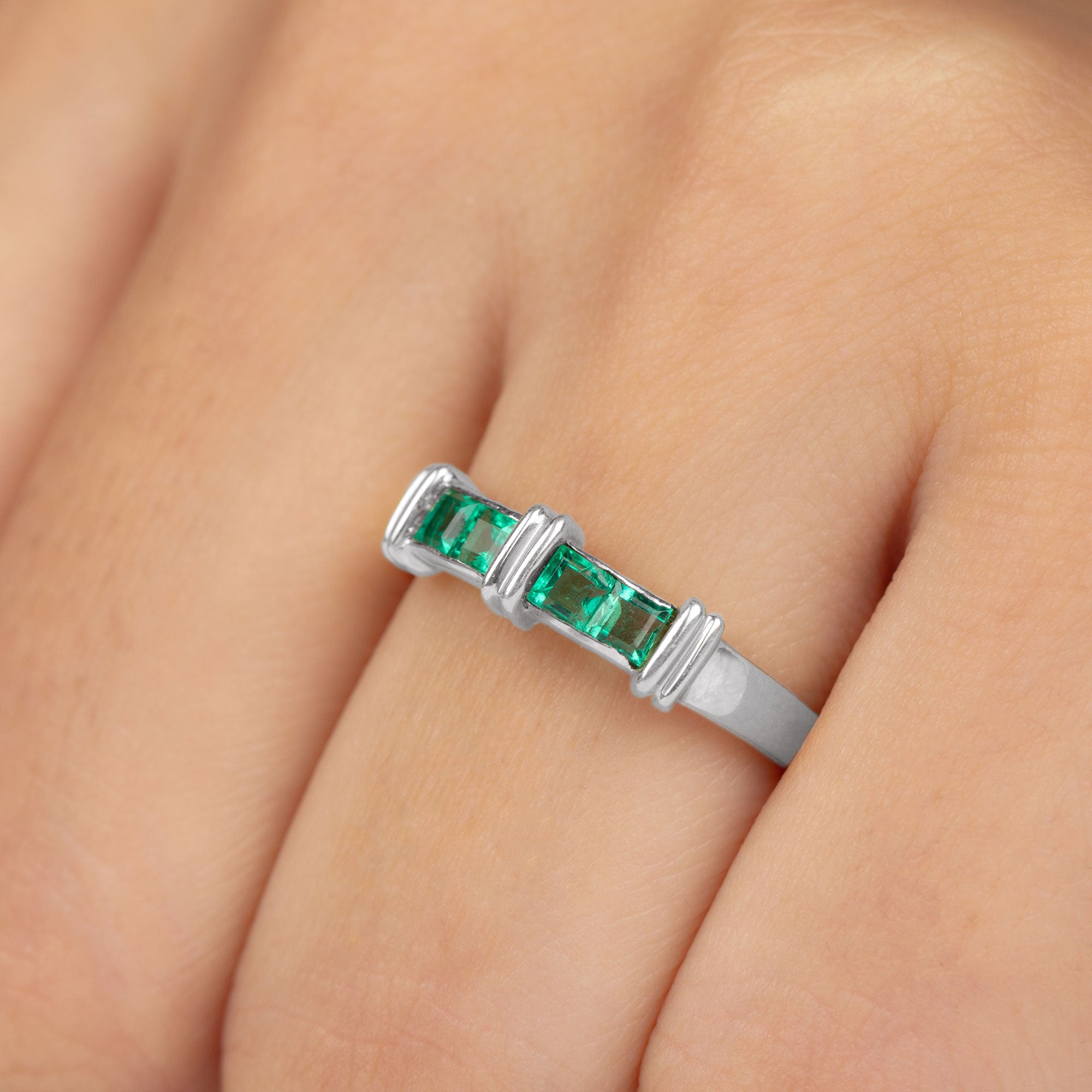 Princess Cut Emerald Band Ring in Channel Setting Emerald - ( AAA ) - Quality - Rosec Jewels