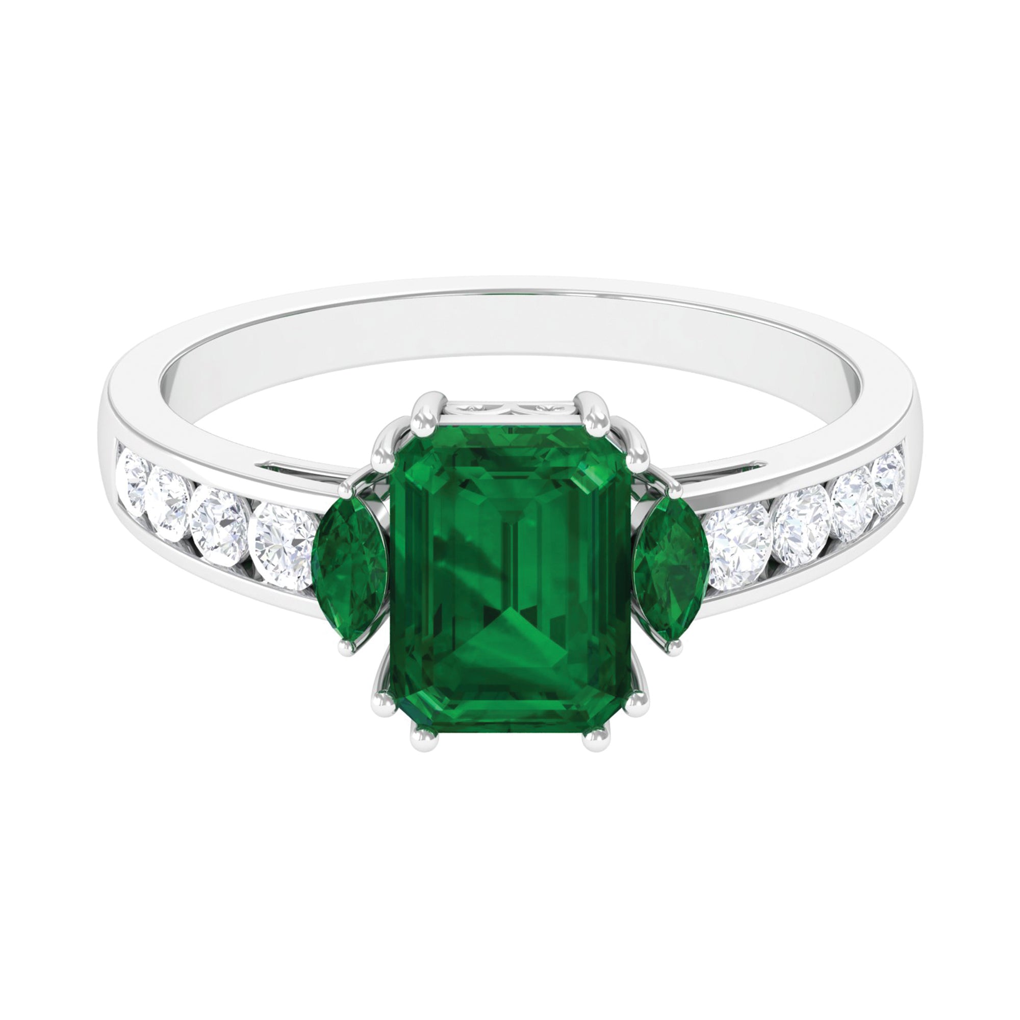 Created Emerald Cocktail Engagement Ring with Diamond Side Stones Lab Created Emerald - ( AAAA ) - Quality - Rosec Jewels