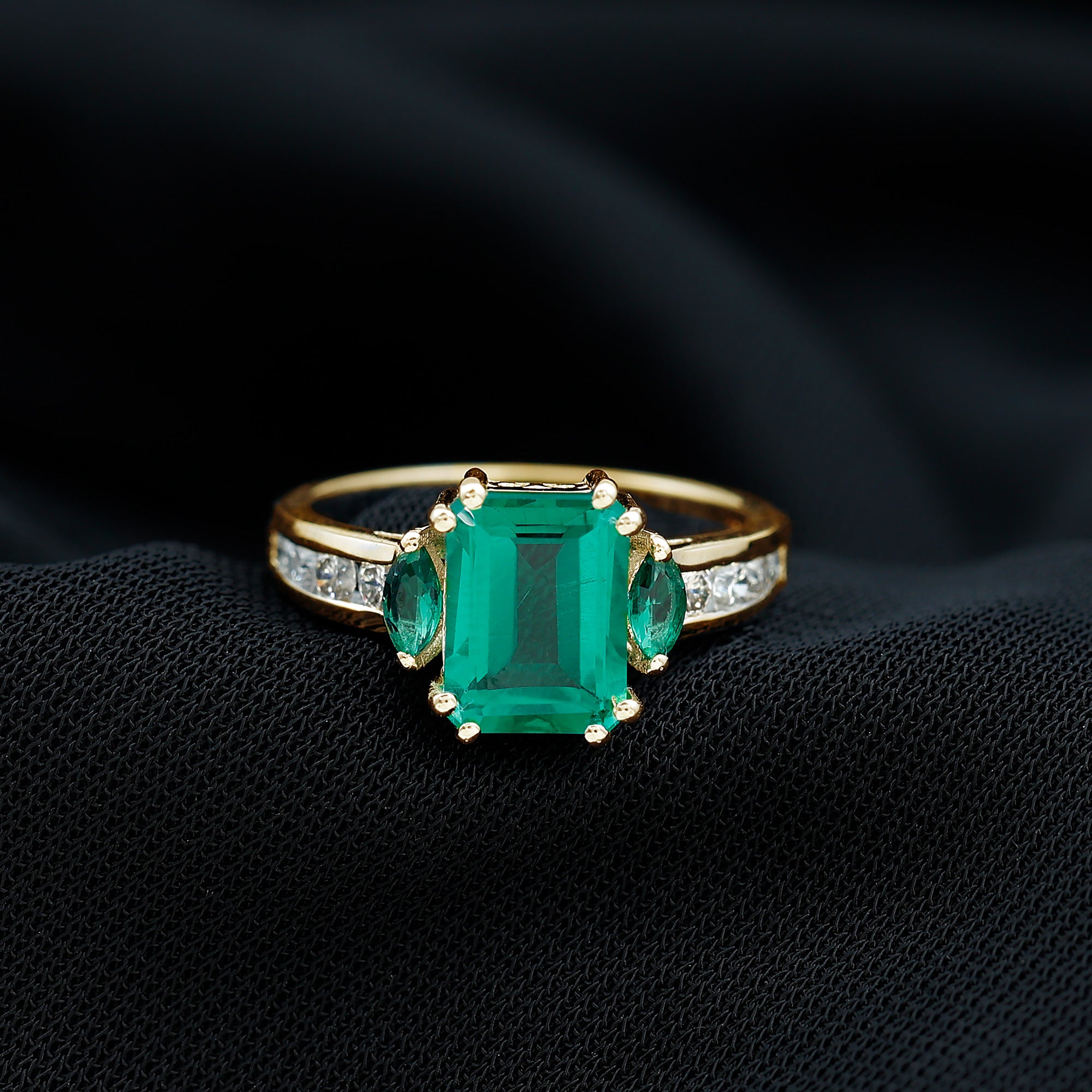 Created Emerald Cocktail Engagement Ring with Diamond Side Stones Lab Created Emerald - ( AAAA ) - Quality - Rosec Jewels