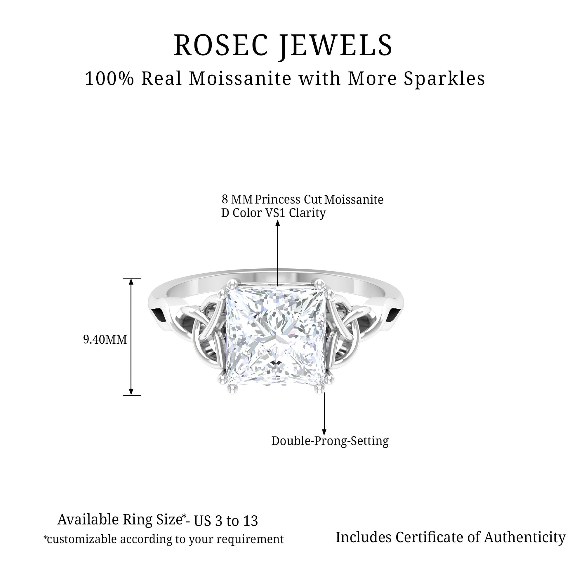 Rosec Jewels-Princess Cut Moissanite Solitaire Celtic Knot Ring