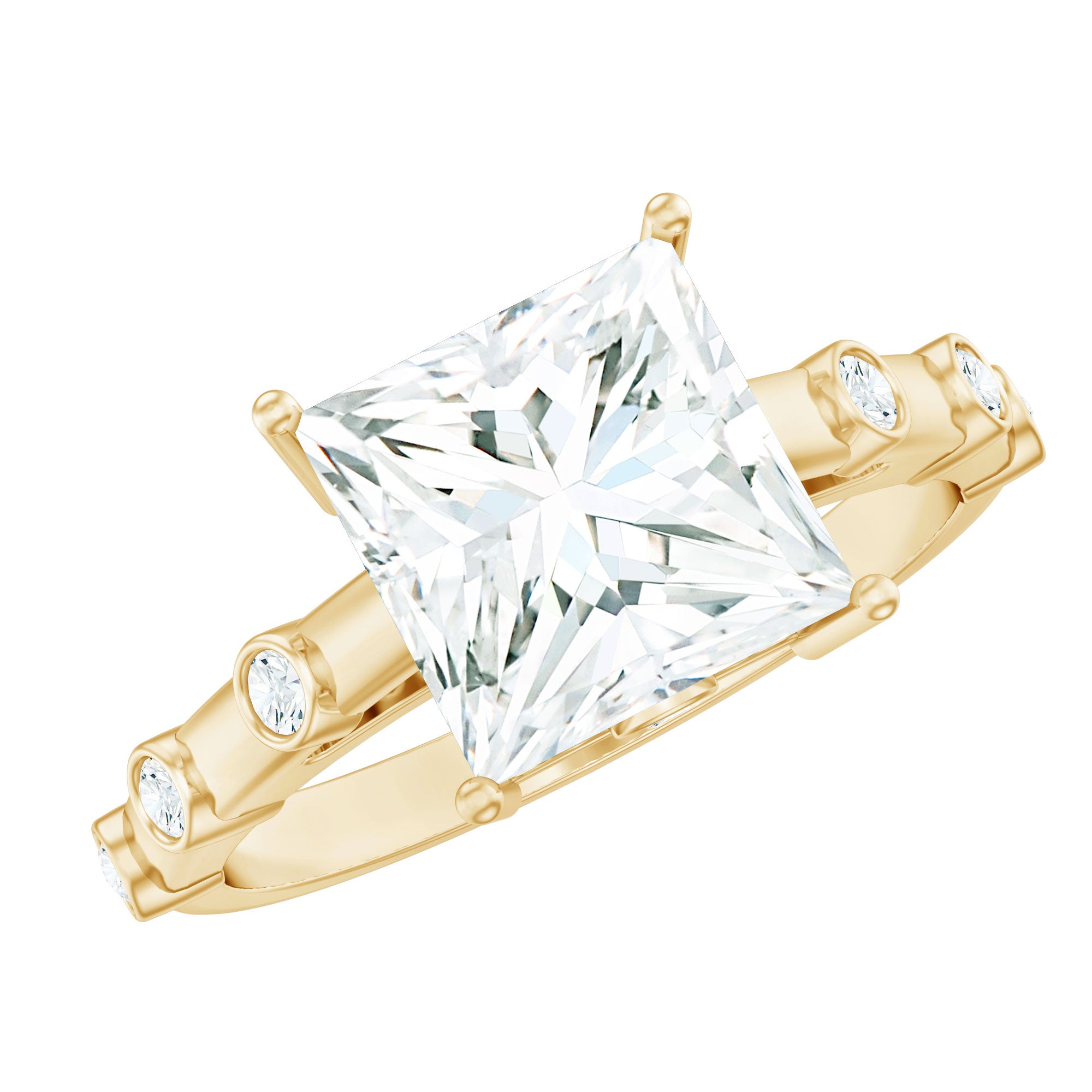 Rosec Jewels-3 CT Princess Cut Moissanite Solitaire Ring in Prong Setting and Hidden Style with Spaced Set Side Stones