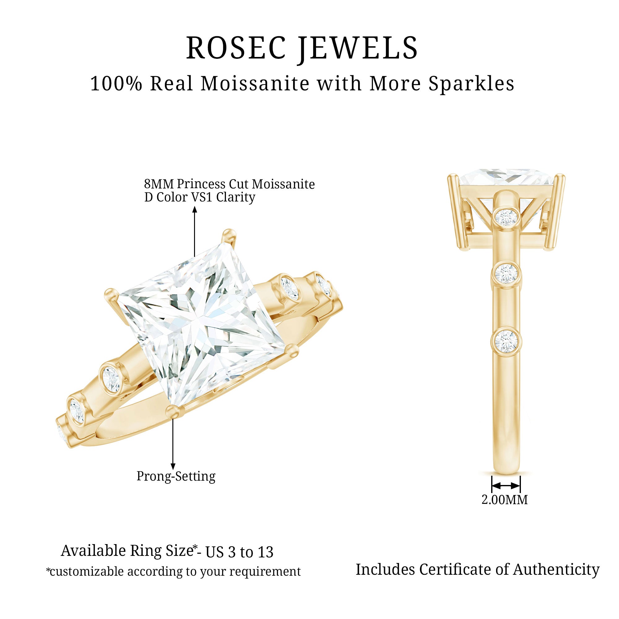 Rosec Jewels-3 CT Princess Cut Moissanite Solitaire Ring in Prong Setting and Hidden Style with Spaced Set Side Stones