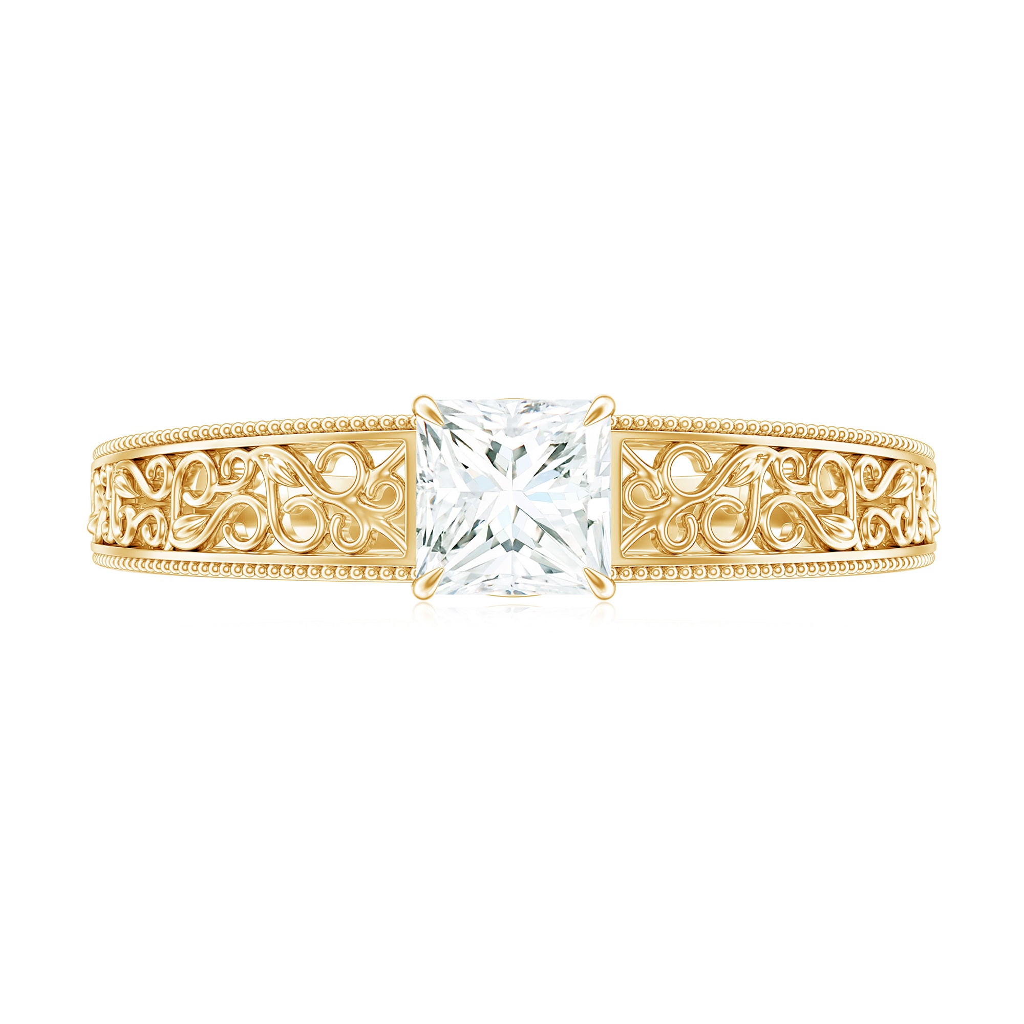 Princess Cut Solitaire Moissanite Filigree Gold Engagement Ring Moissanite - ( D-VS1 ) - Color and Clarity - Rosec Jewels