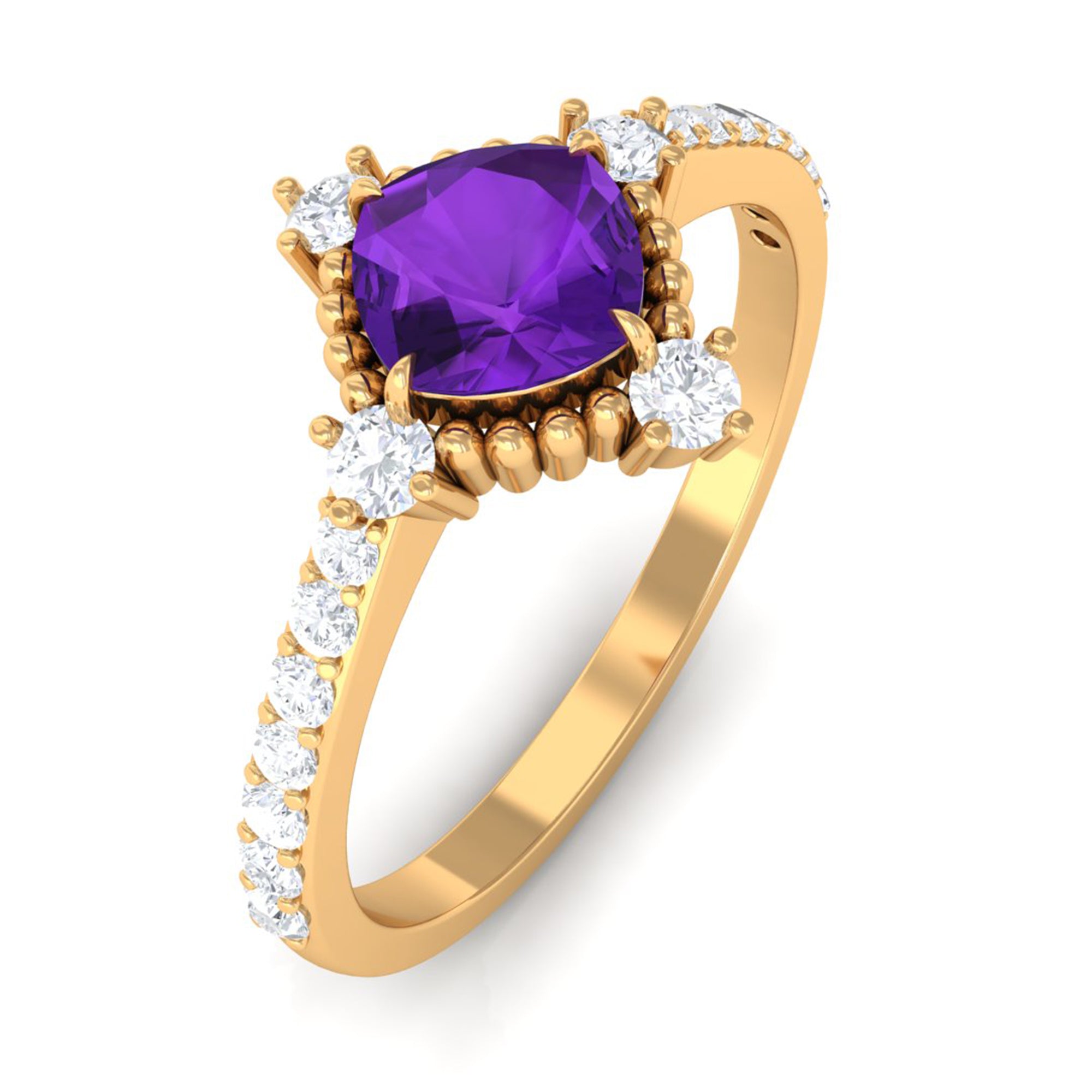 Cushion Amethyst Solitaire Engagement Ring with Diamond Side Stones Amethyst - ( AAA ) - Quality - Rosec Jewels