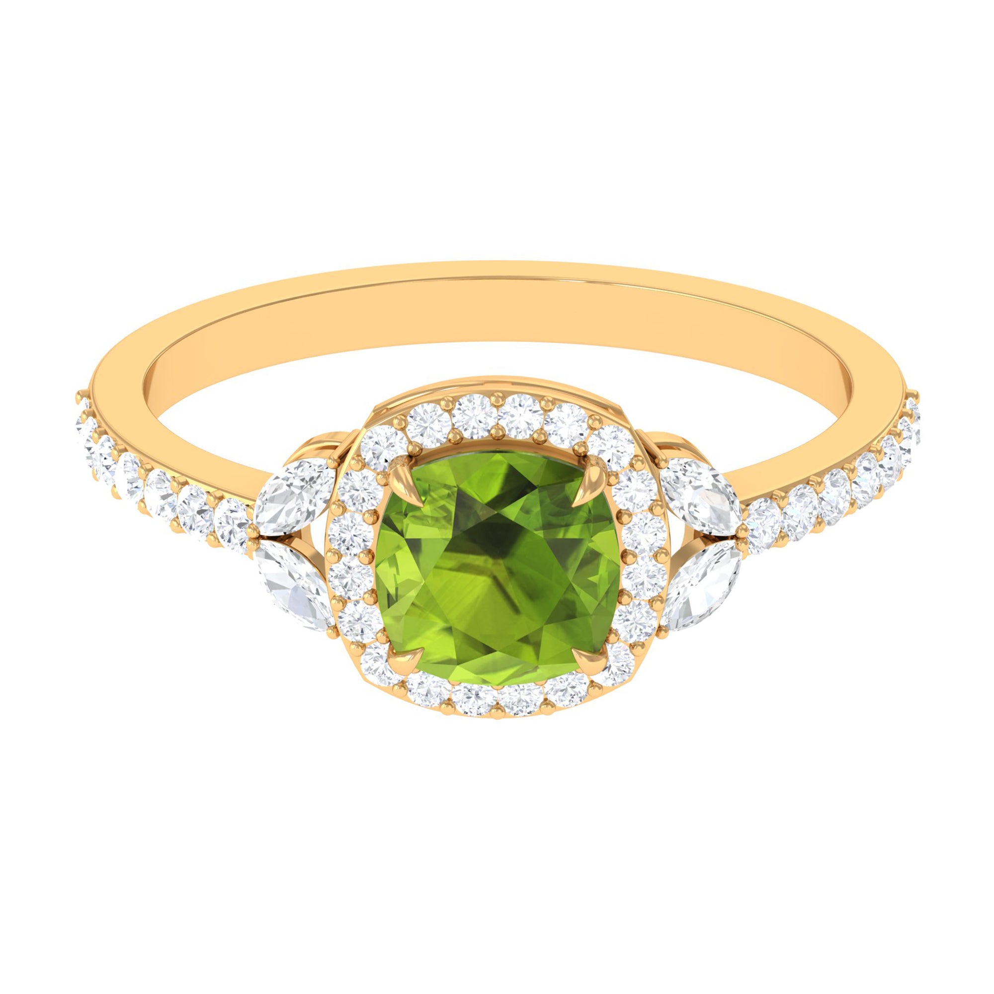 Natural Peridot Halo Engagement Ring with Diamond Peridot - ( AAA ) - Quality - Rosec Jewels