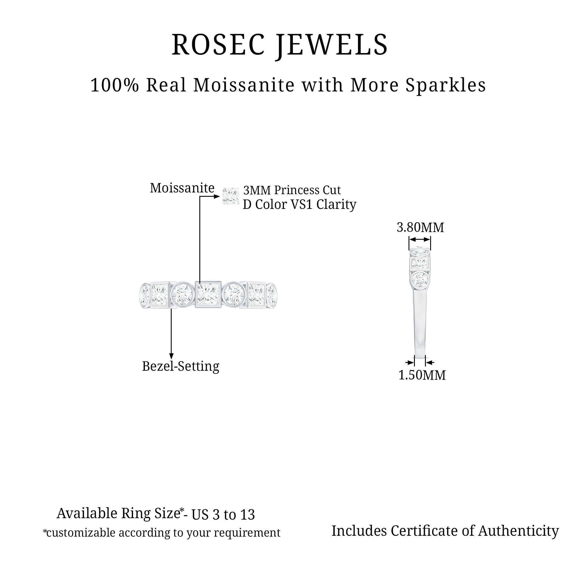 Rosec Jewels-1 Carat Alternate Bezel Set Moissanite Half Eternity Band in Gold