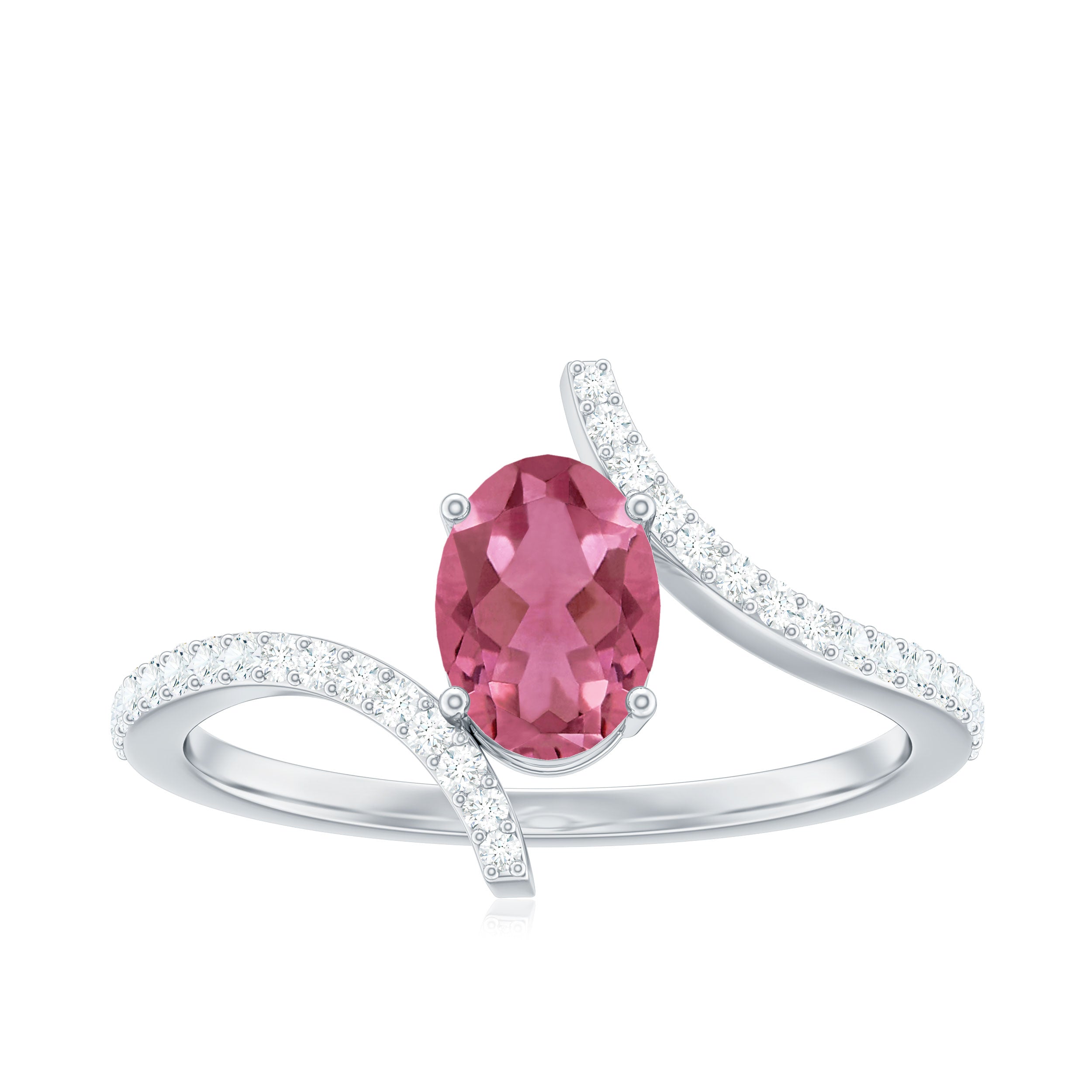 Oval Pink Tourmaline Solitaire Bypass Ring with Diamond Pink Tourmaline - ( AAA ) - Quality - Rosec Jewels