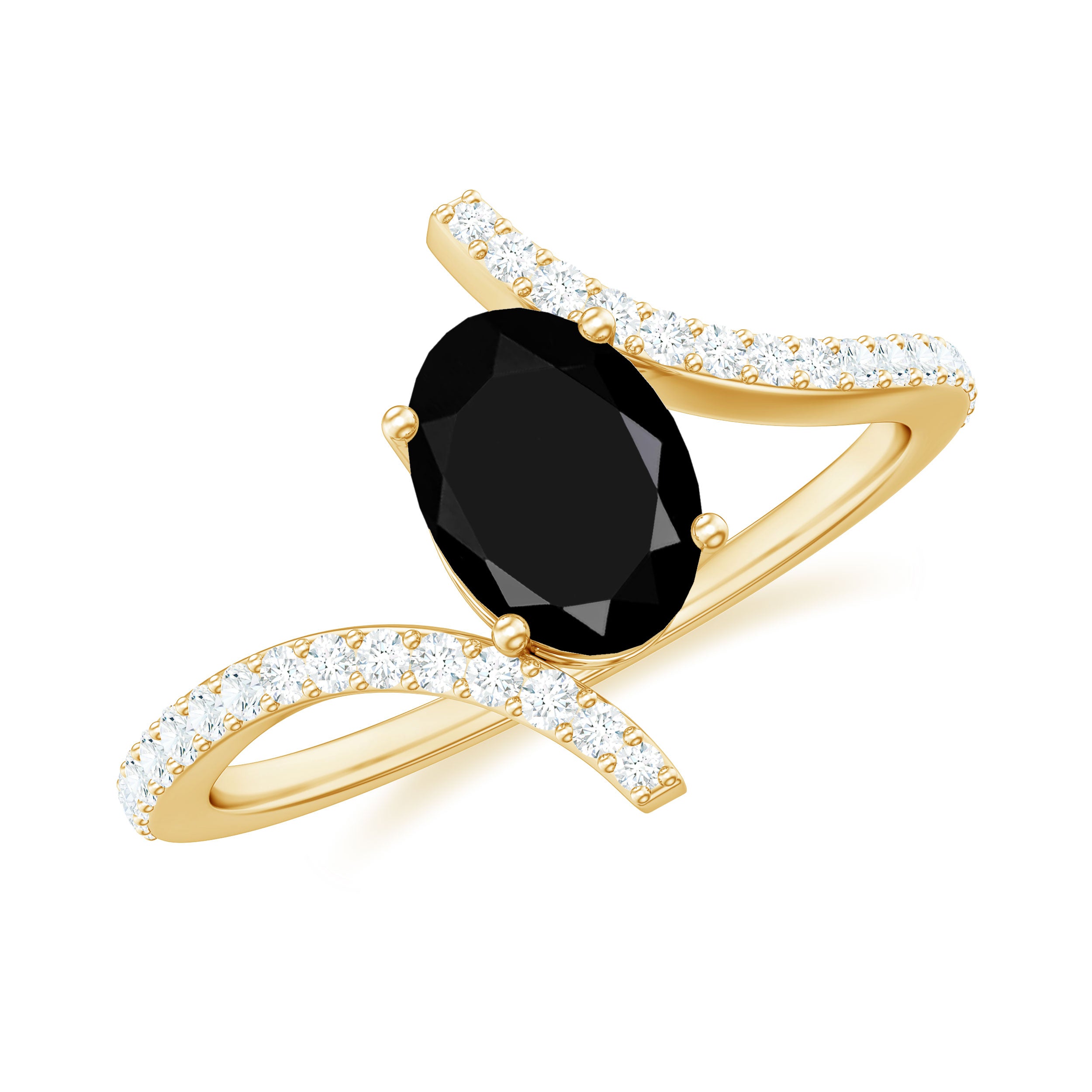 Oval Black Onyx Solitaire Bypass Engagement Ring with Diamond Black Onyx - ( AAA ) - Quality - Rosec Jewels