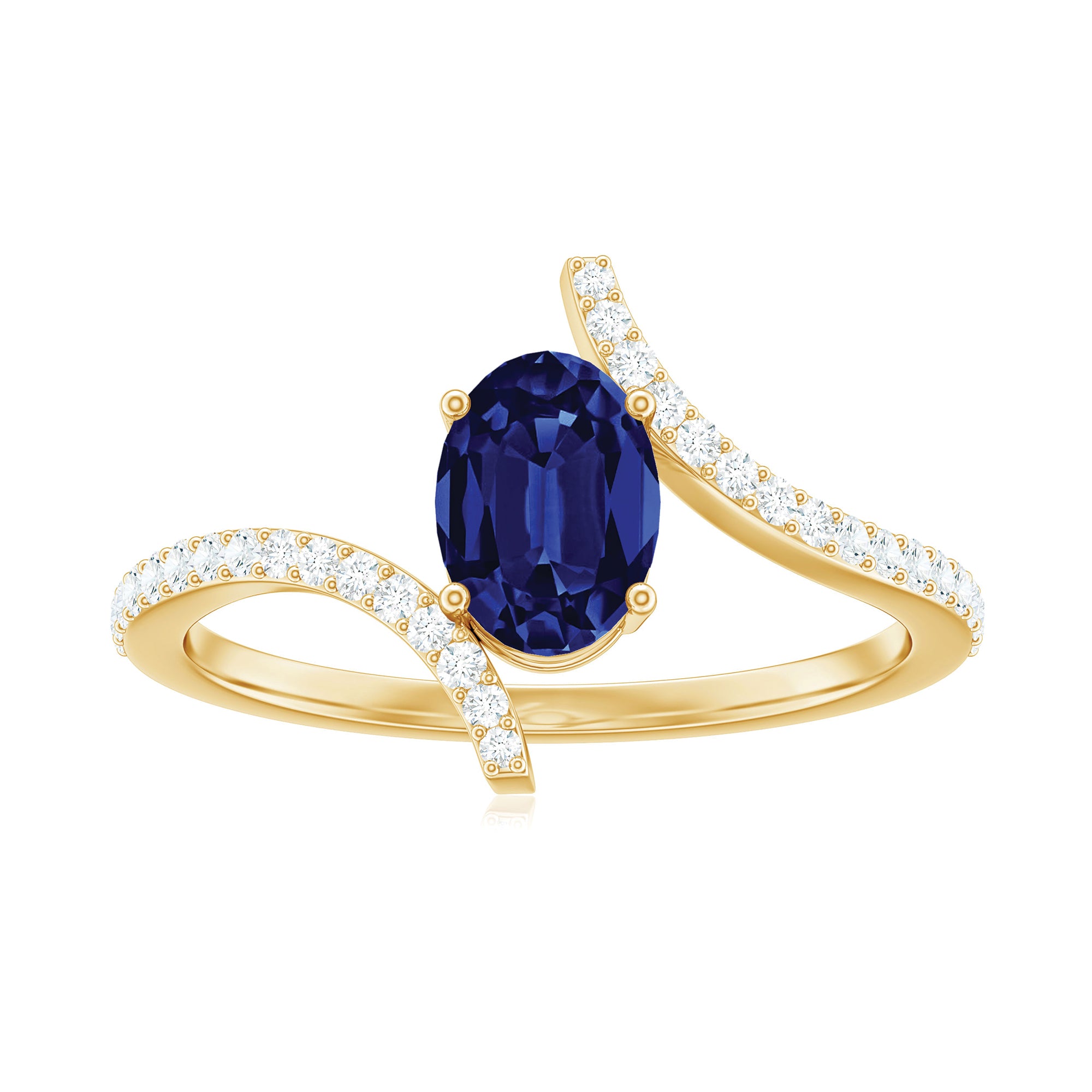 Oval Created Blue Sapphire Solitaire Bypass Engagement Ring with Diamond Lab Created Blue Sapphire - ( AAAA ) - Quality - Rosec Jewels