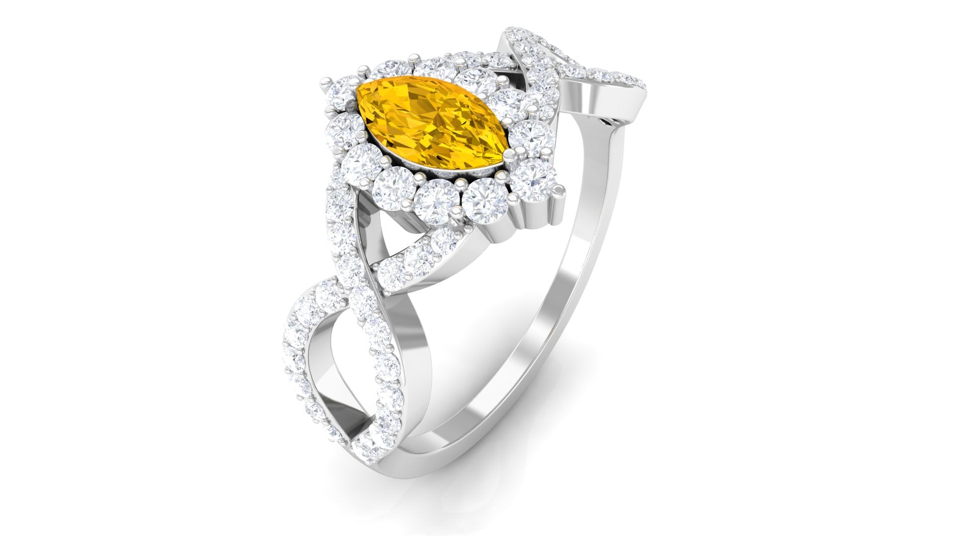 Yellow Sapphire Crossover Engagement Ring with Diamond Halo Yellow Sapphire - ( AAA ) - Quality - Rosec Jewels