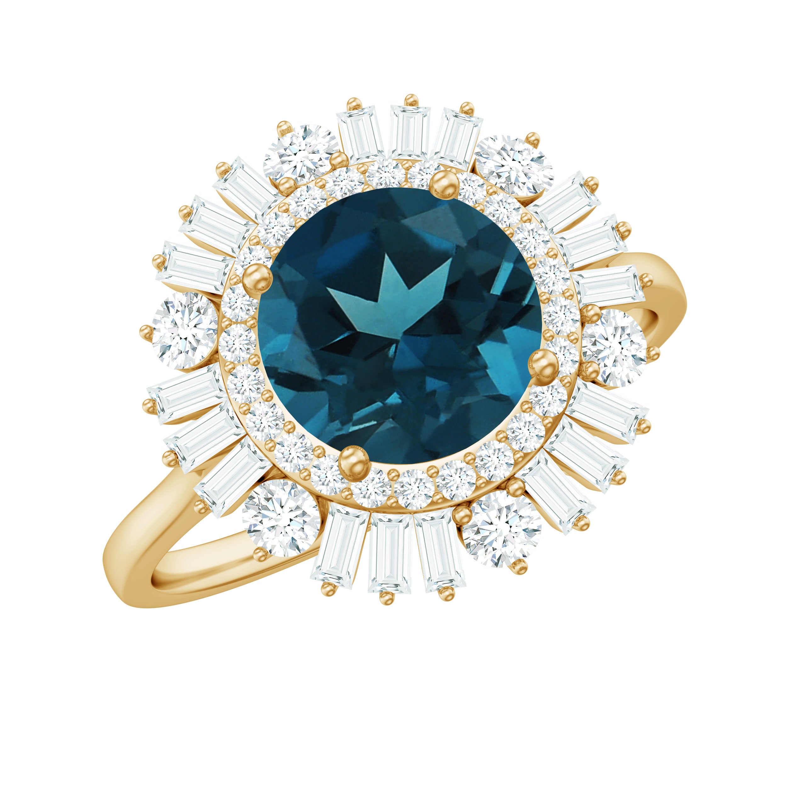 Round London Blue Topaz Cocktail Ring with Diamond Double Halo London Blue Topaz - ( AAA ) - Quality - Rosec Jewels