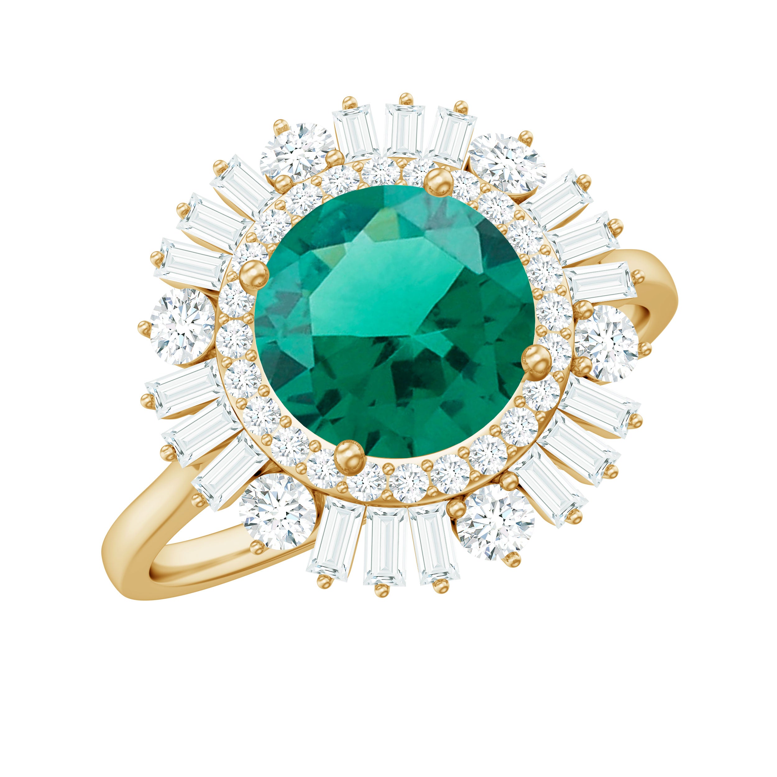 Round Created Emerald Cocktail Ring with Moissanite Double Halo Lab Created Emerald - ( AAAA ) - Quality - Rosec Jewels