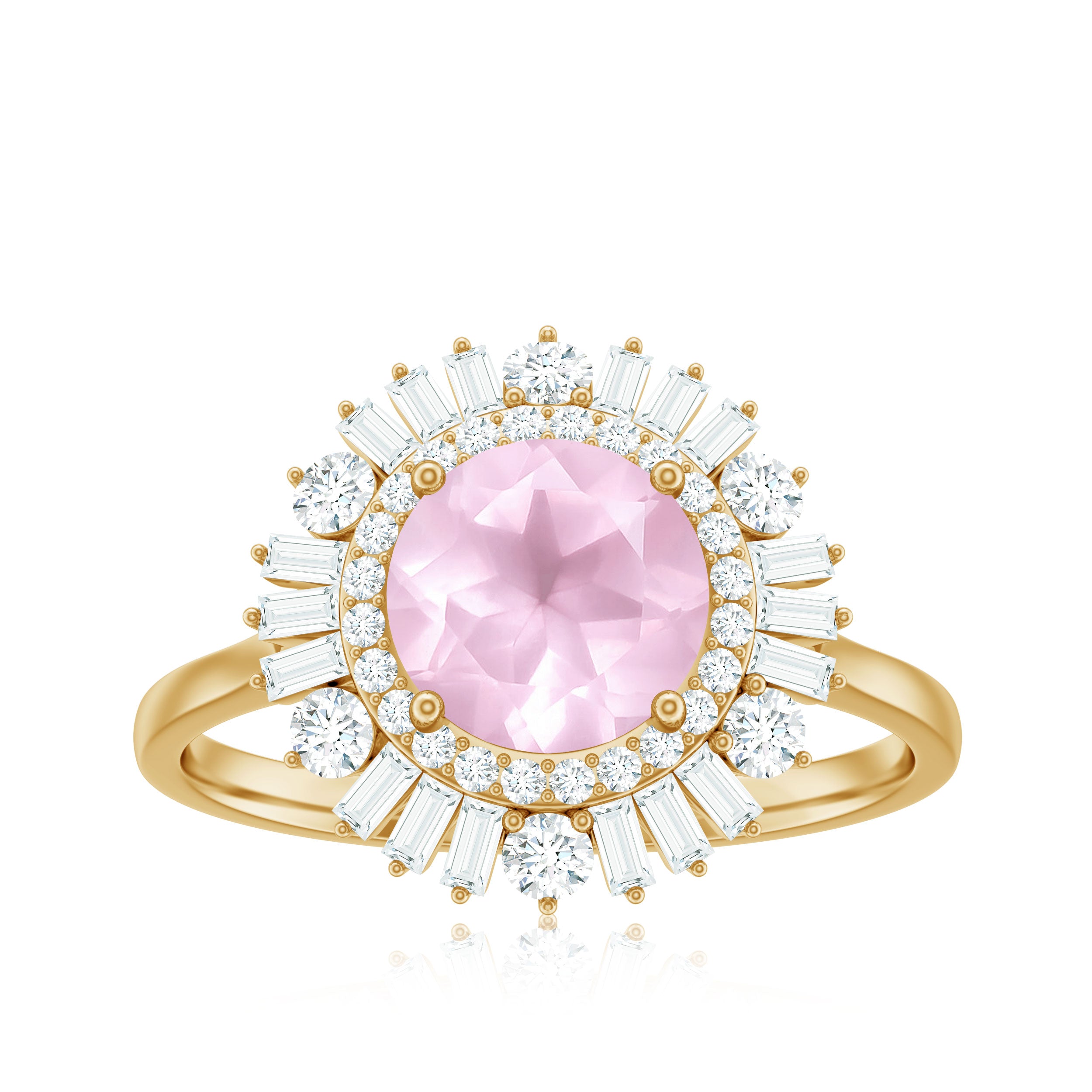 2 CT Round Rose Quartz Cocktail Ring with Moissanite Double Halo Rose Quartz - ( AAA ) - Quality - Rosec Jewels