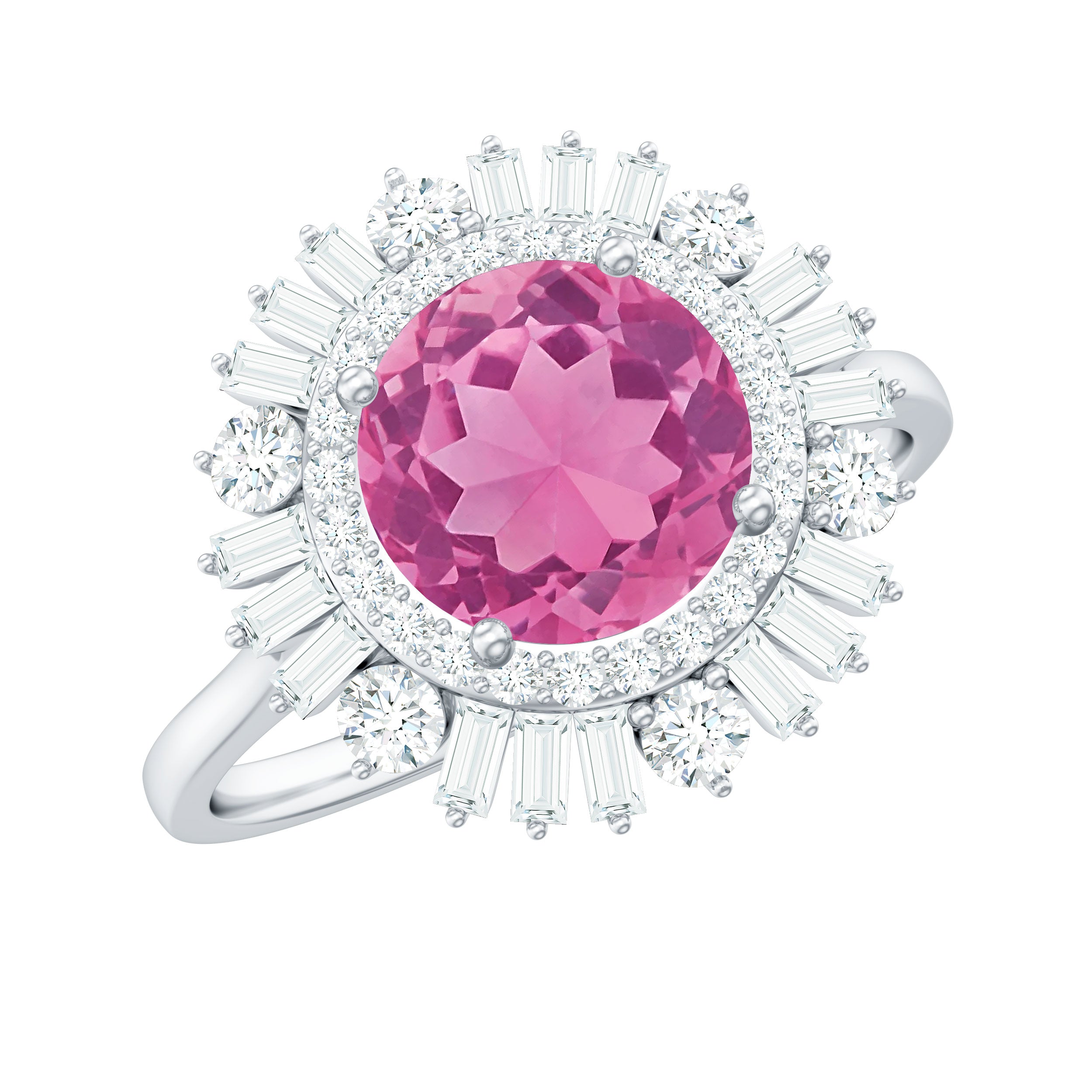 2 CT Round Pink Tourmaline Cocktail Ring with Moissanite Double Halo Pink Tourmaline - ( AAA ) - Quality - Rosec Jewels