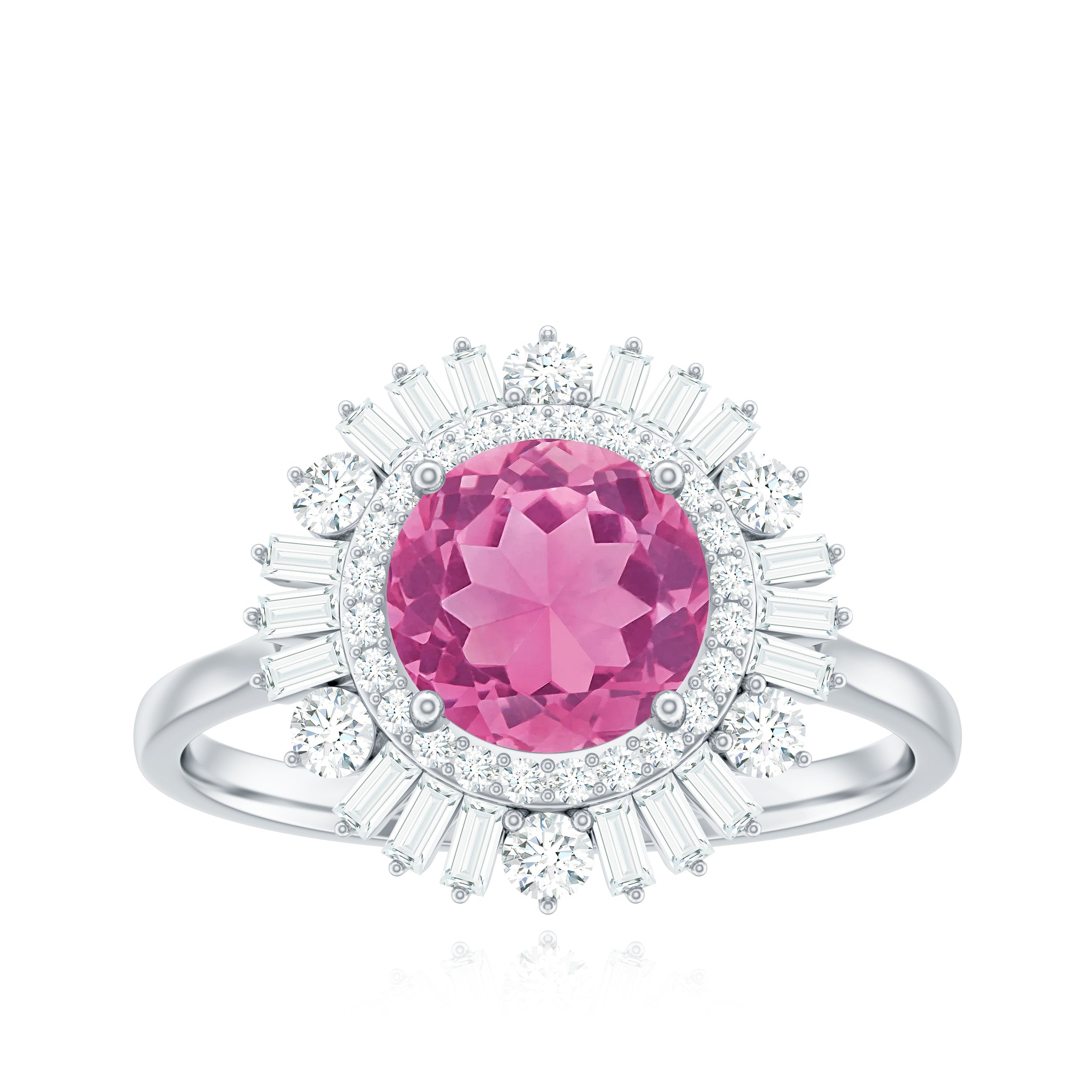 2 CT Round Pink Tourmaline Cocktail Ring with Moissanite Double Halo Pink Tourmaline - ( AAA ) - Quality - Rosec Jewels