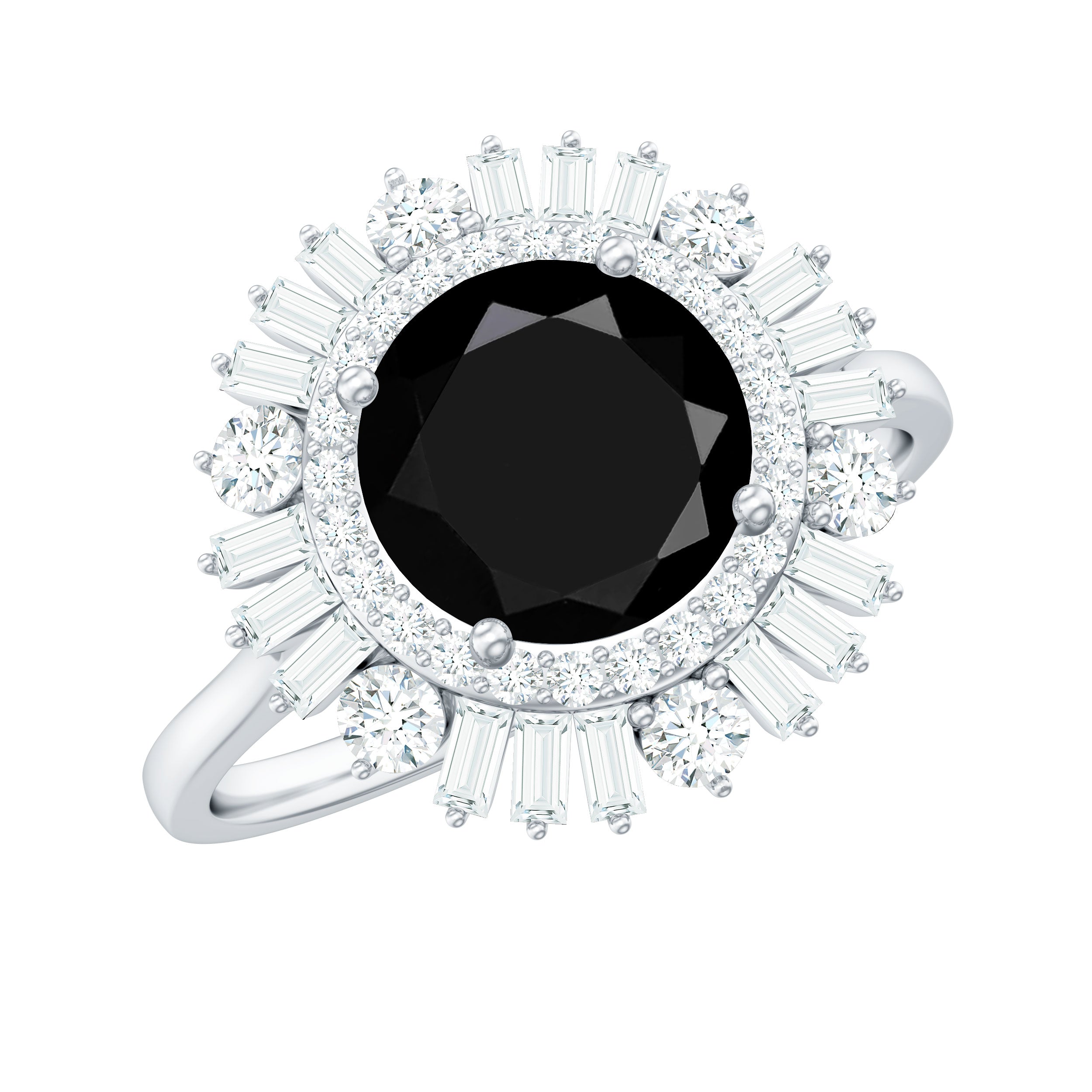 2.50 CT Round Black Spinel Cocktail Ring with Moissanite Double Halo Black Spinel - ( AAA ) - Quality - Rosec Jewels