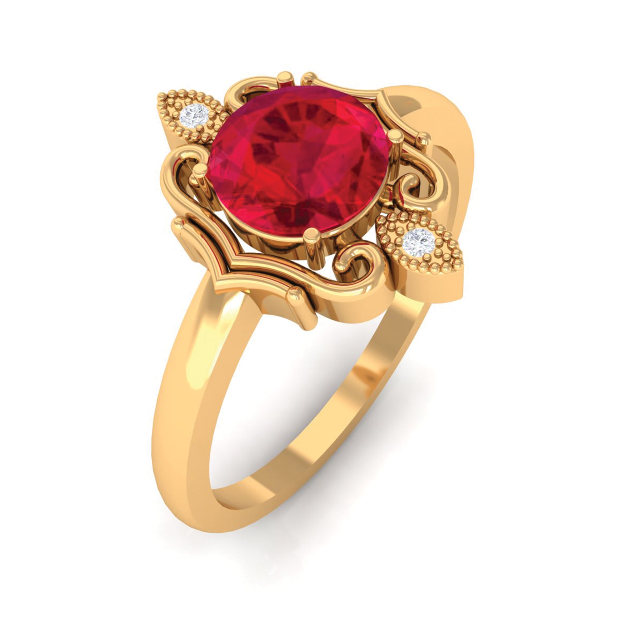 Solitaire Art Deco Ring with Created Ruby and Diamond Lab Created Ruby - ( AAAA ) - Quality - Rosec Jewels