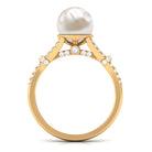 Natural White Freshwater Pearl Solitaire Engagement Ring with Diamond Freshwater Pearl - ( AAA ) - Quality - Rosec Jewels