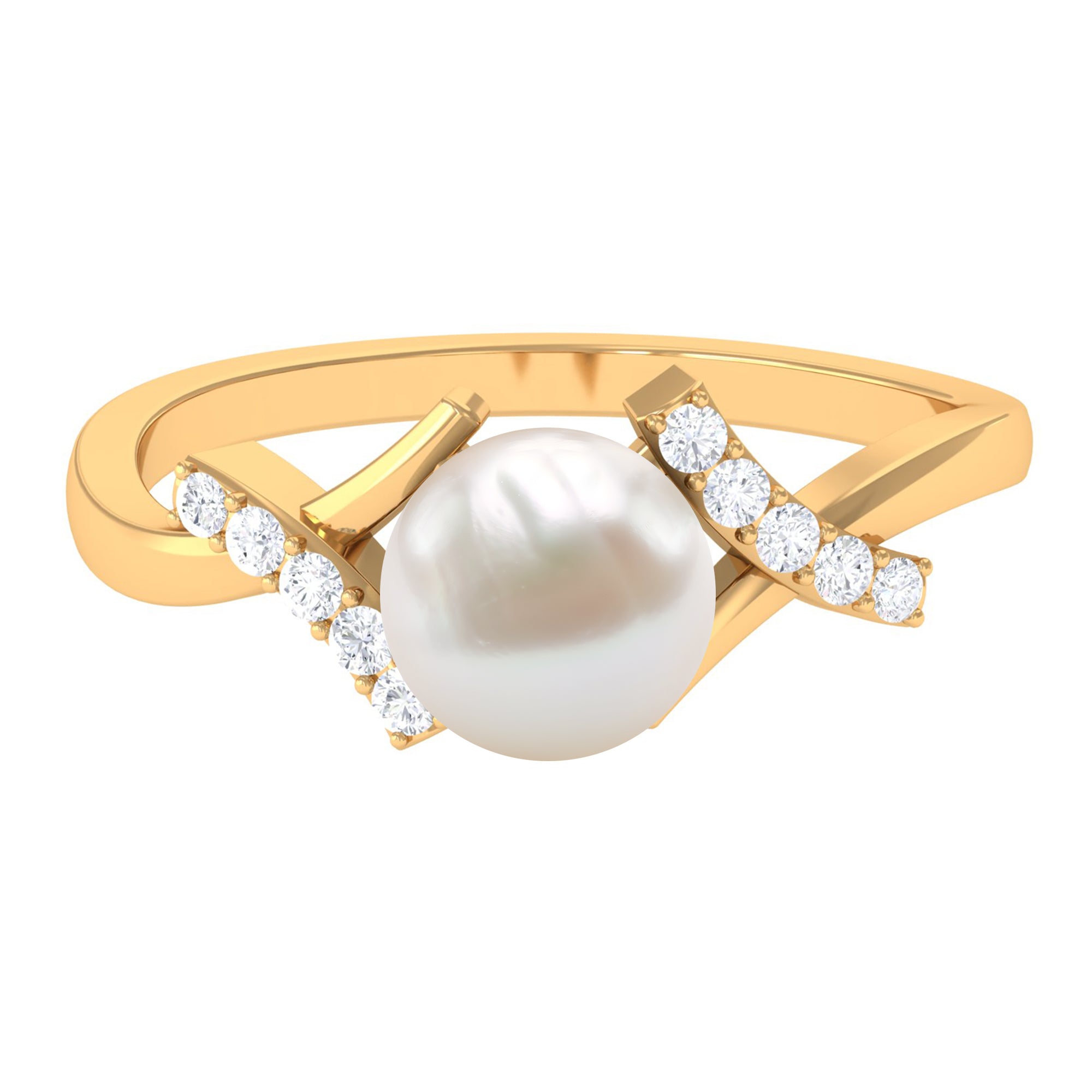 Pure Freshwater Pearl Solitaire Crossover Ring with Diamond Freshwater Pearl - ( AAA ) - Quality - Rosec Jewels