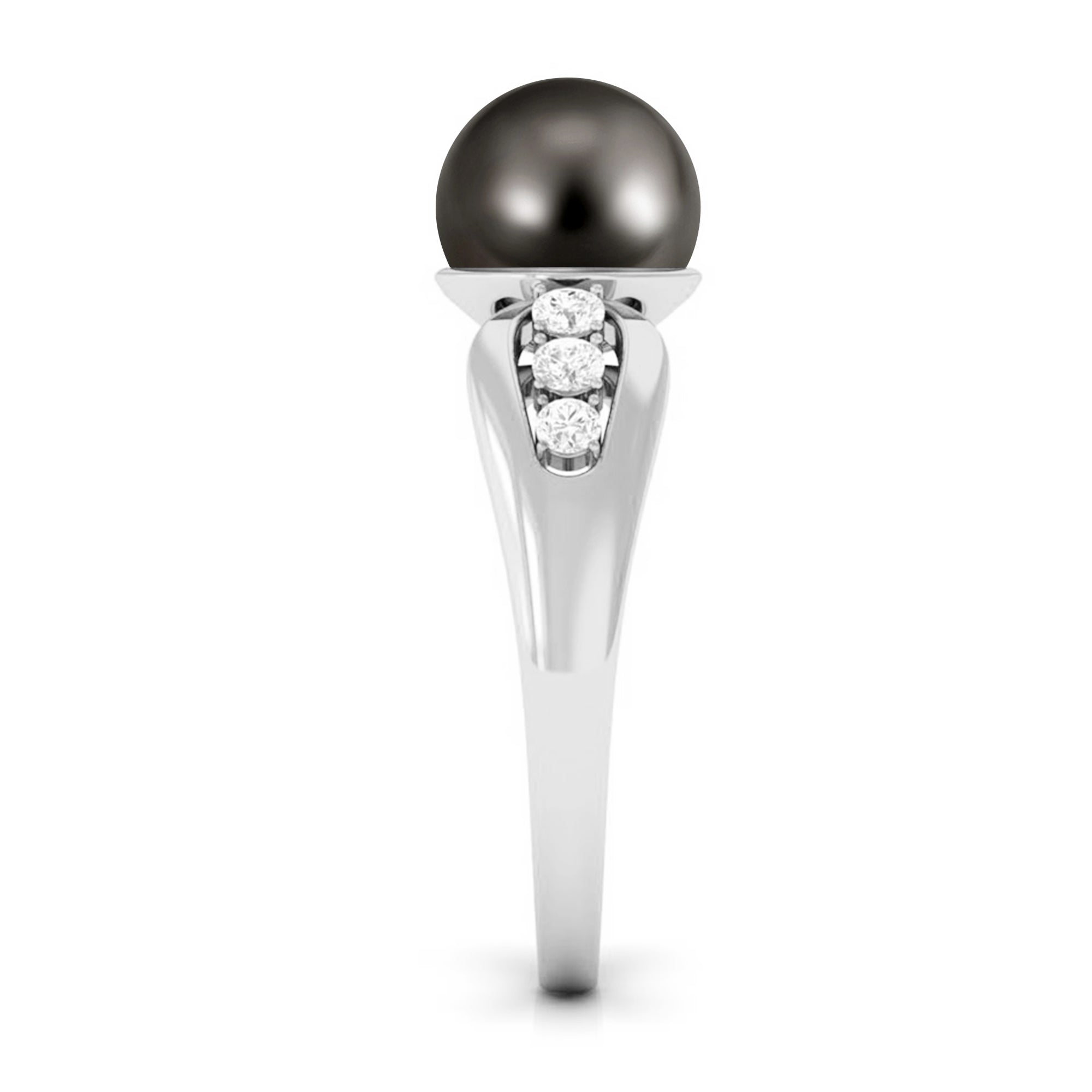 Solitaire Tahitian Pearl Engagement Ring with Diamond Side Stones Tahitian pearl - ( AAA ) - Quality - Rosec Jewels