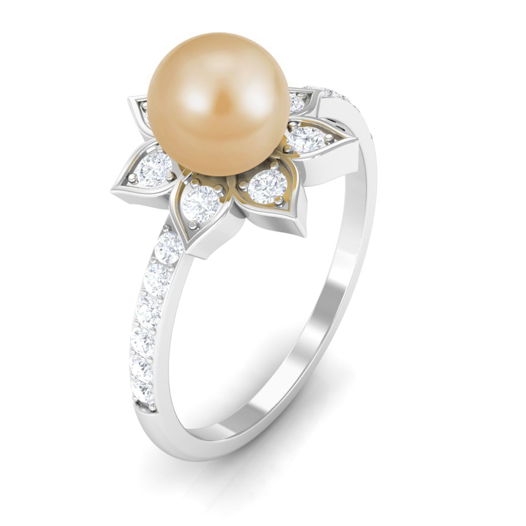 3 CT South Sea Pearl and Diamond Flower Engagement Ring South Sea Pearl - ( AAA ) - Quality - Rosec Jewels