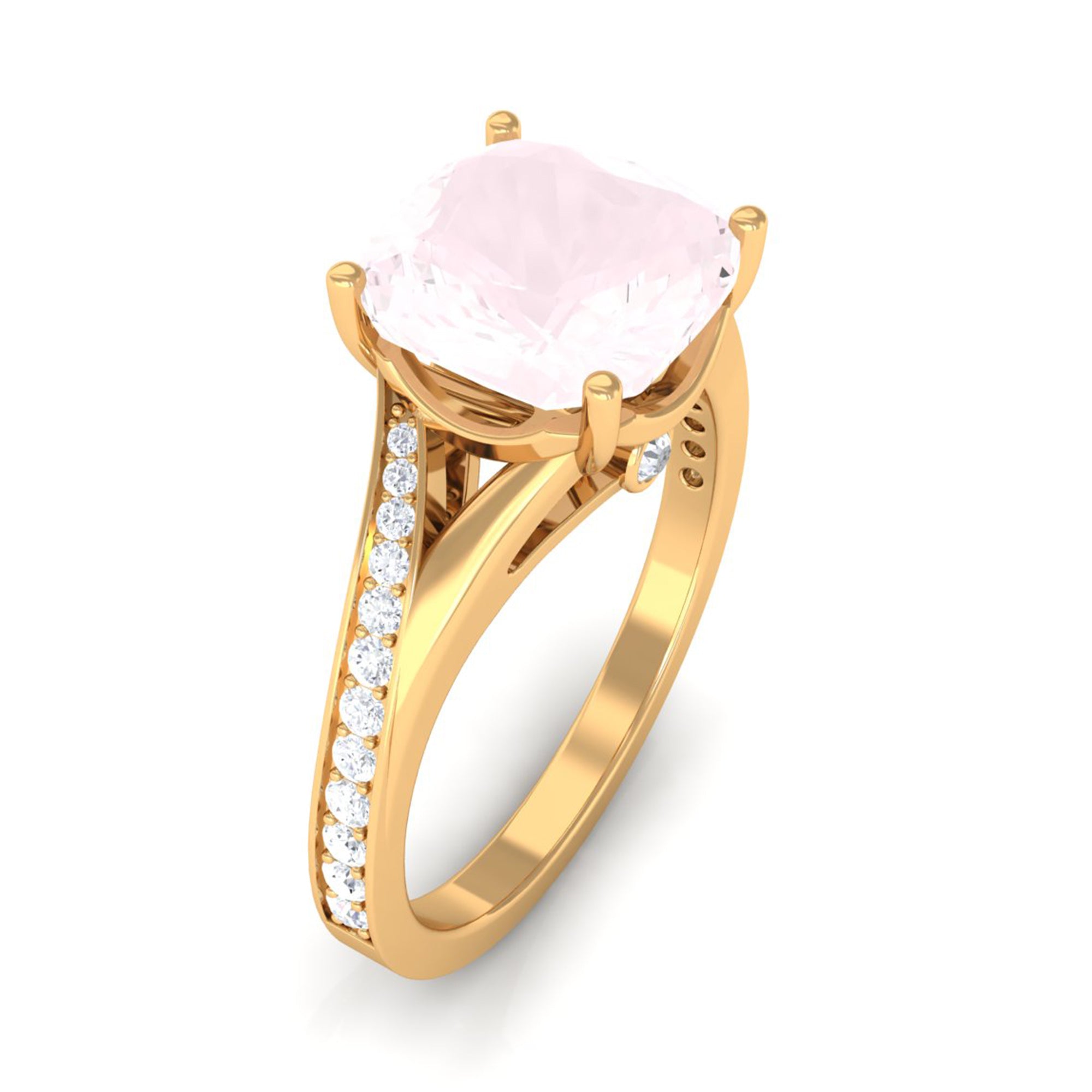 Cushion Cut Rose Quartz and Diamond Engagement Ring with Split Shank Rose Quartz - ( AAA ) - Quality - Rosec Jewels