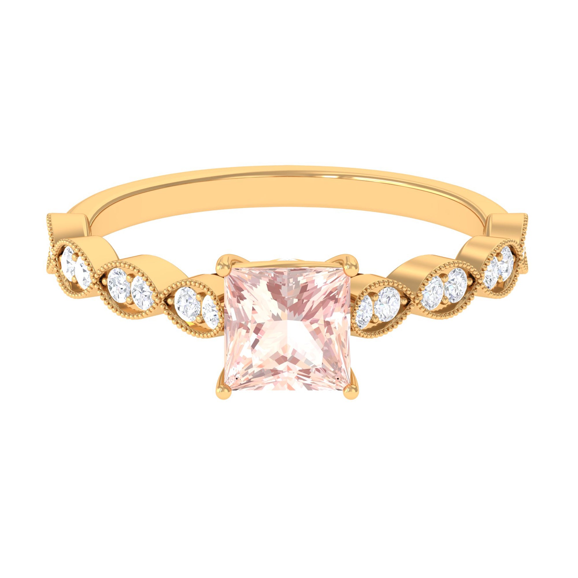 1.25 CT Princess Cut Morganite Solitaire Ring with Diamond Side Stones Morganite - ( AAA ) - Quality - Rosec Jewels